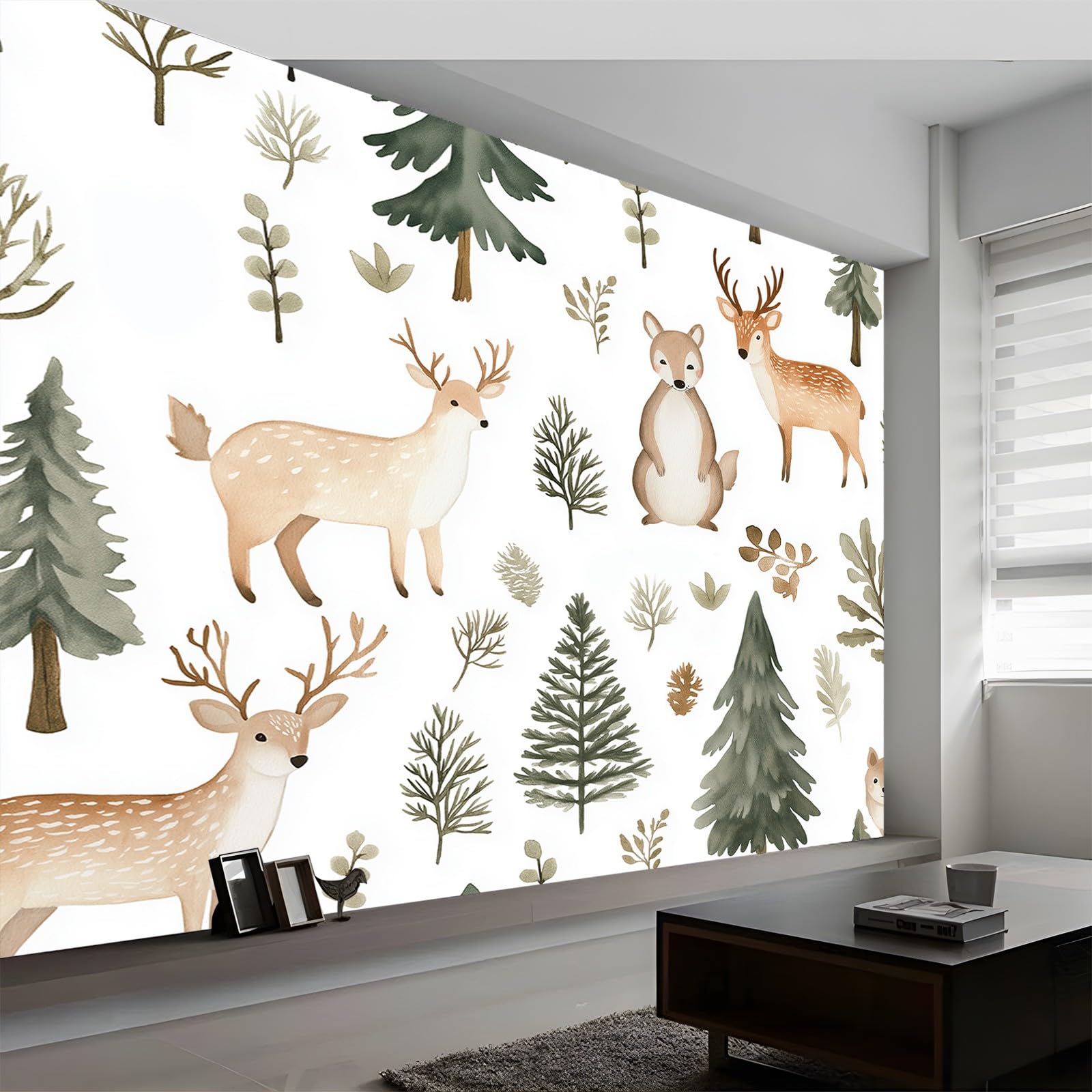 Tapety 350 x 256 cm Nowoczesna Akwarela Tapety Zwierzęta i drzewa Włóknina Dekoracja ścienna Wystrój domu Malarstwo Ścienne Biały Zielony Do Salonu Sypialnia Dekoracje Ścienne