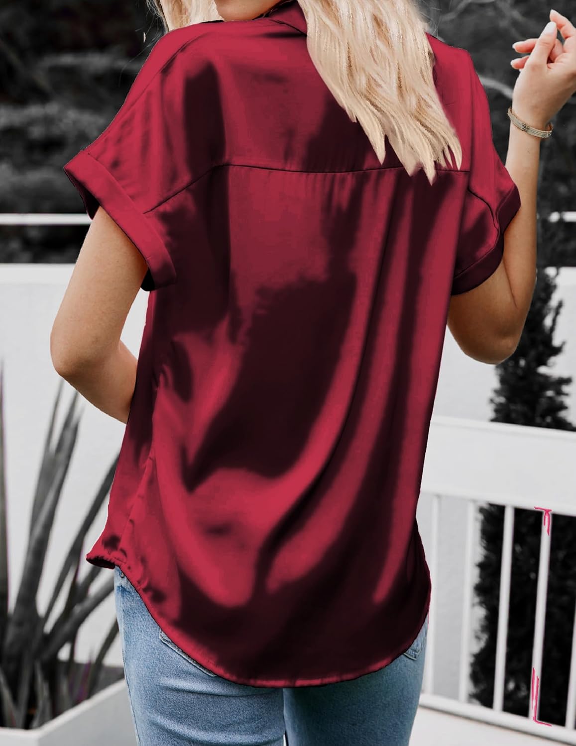 HOTOUCH Silk Button Down Shirts for Women Satin Short Sleeve V Neck Casual Work Office Blouse Tunic Tops - Image 4