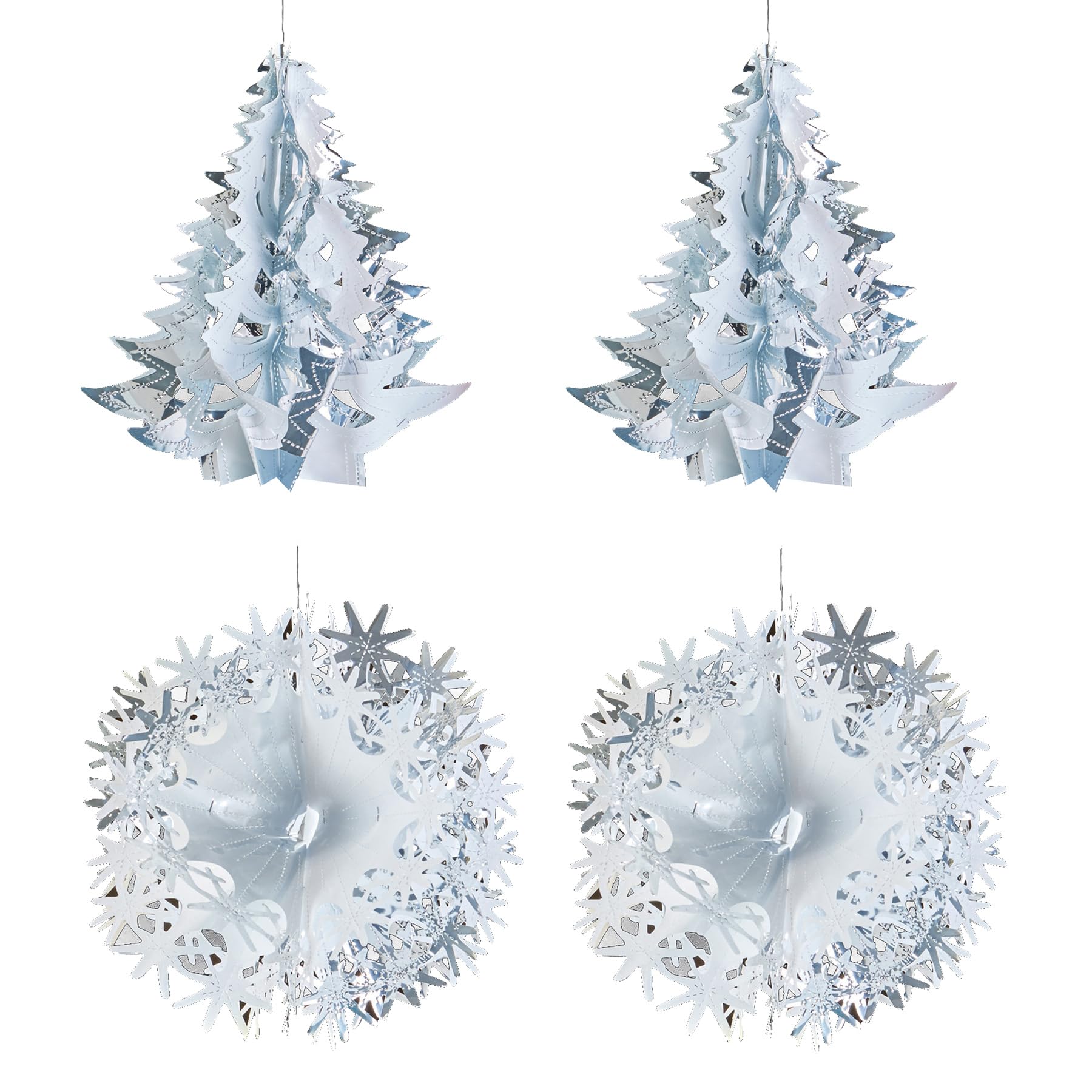 Christmas Foil Ceiling Decorations - Set 4 30cm Tree and Ball Set. 2 Christmas Tree and 2 Christmas Balls (White/Silver)