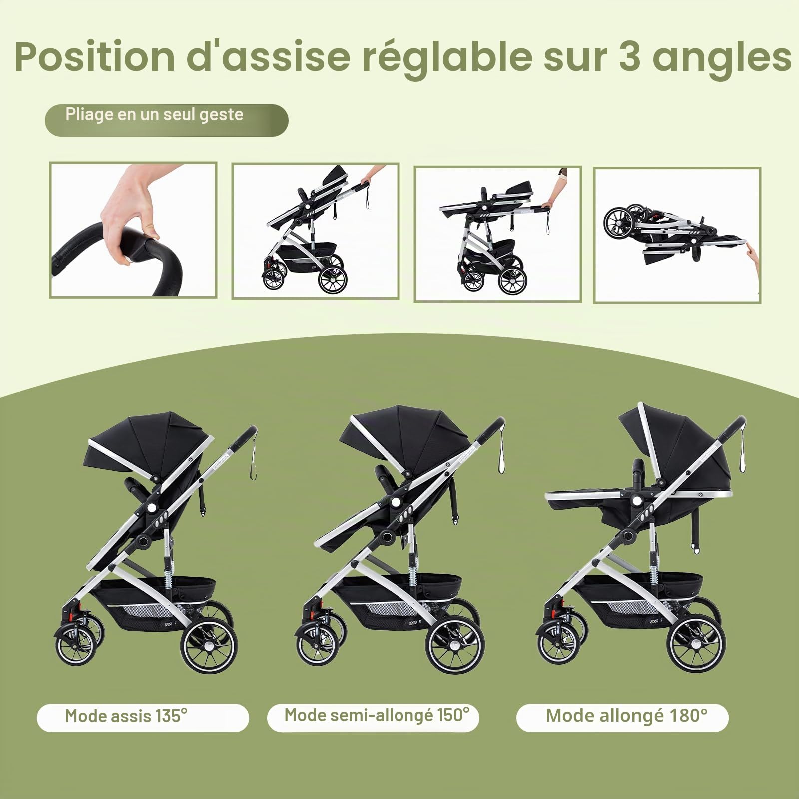 Poussette 3 en 1 Citadine Pliant en Un Clic Cadre en Aluminium 0-4 Ans