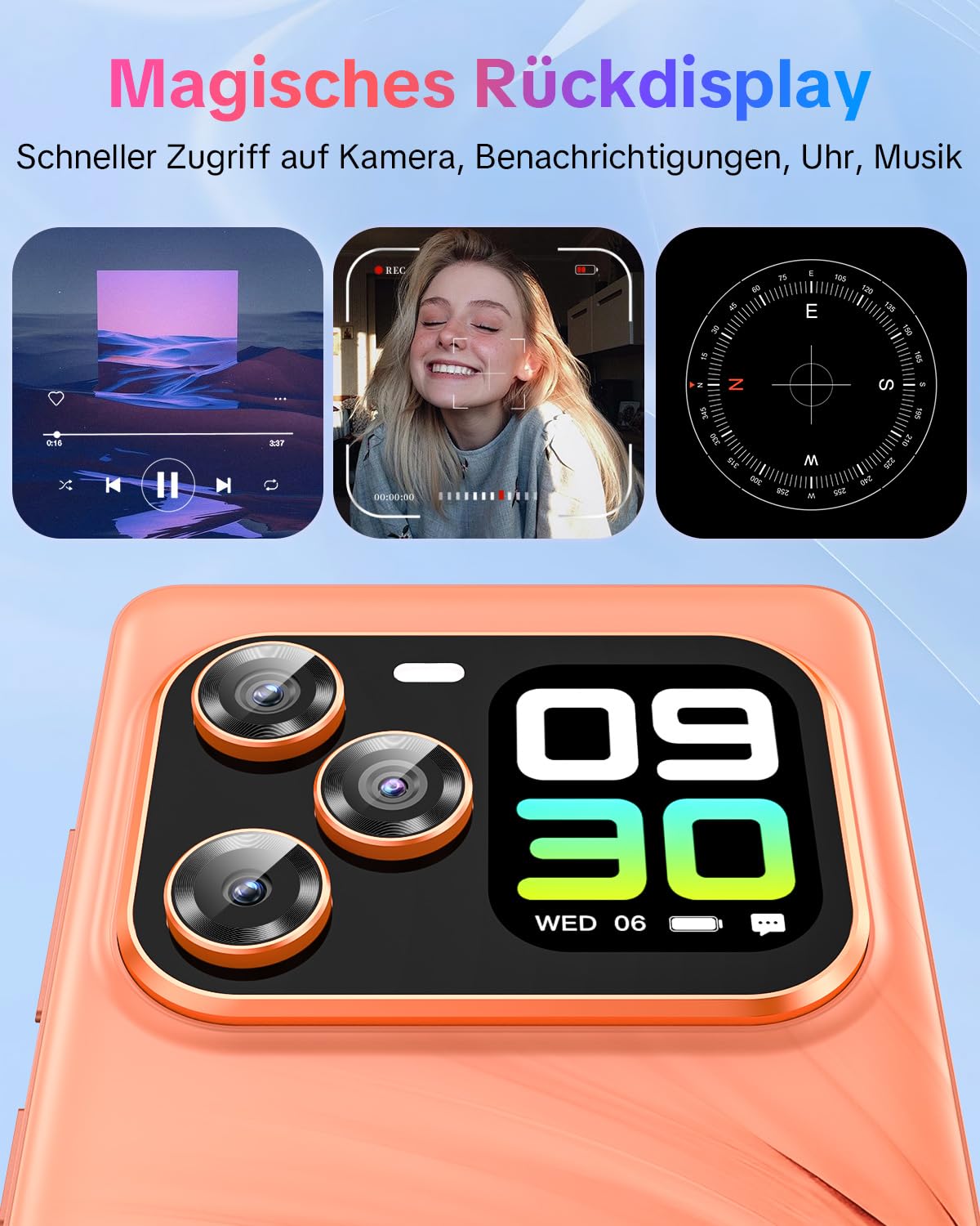W & O 5G Smartphone 12GB+512GB, Dual-Screen Android Handy mit 6,67" OLED Gebogene Bildschirm, 1,75" Zusatzdisplay, 64MP+16MP Kamera, 5000mAh Akku, Dual SIM, Handy ohne Vertrag (Orange)