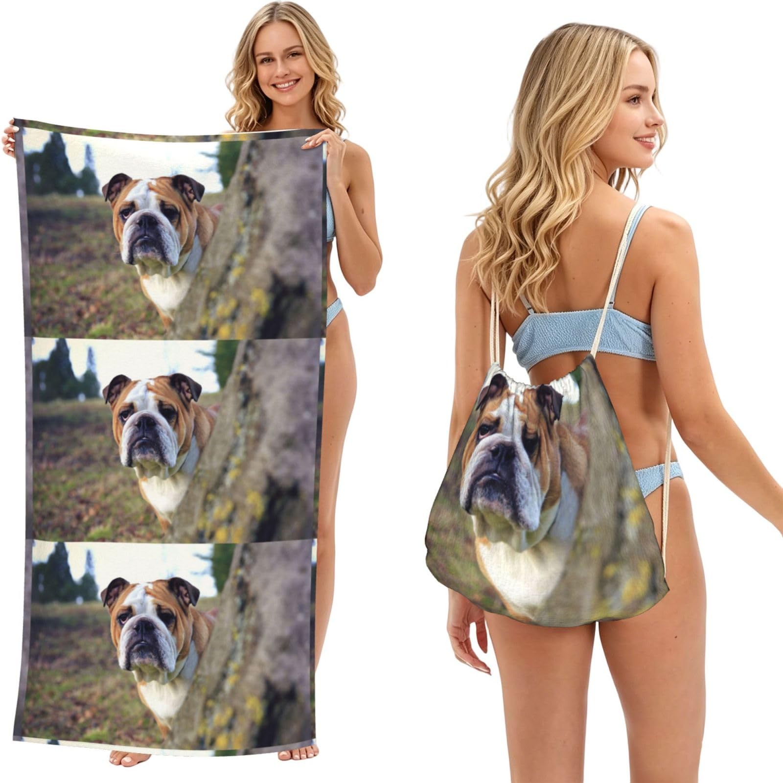 Poadnly As Picture English Bulldogs Lawn Pets English Bulldogs, 2 In 1 Packable Towel Bag, Beach Towels With Drawstring Backpack For Travel Holiday Camping