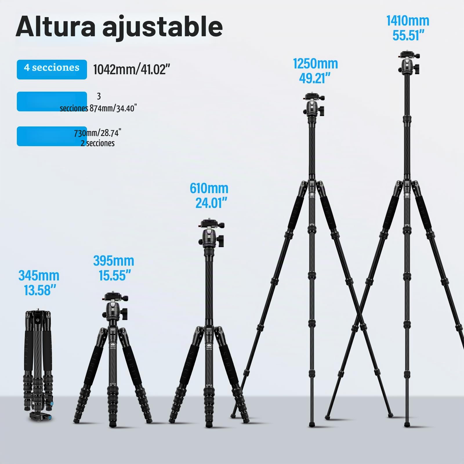 SIRUI Trípode Compacto de Fibra de Carbono de 52pulgadas con Cabeza de Bola y Placa Incorporada para Arca, Solo 0,72kg Carga de hasta 6kg - Traveler 5CX