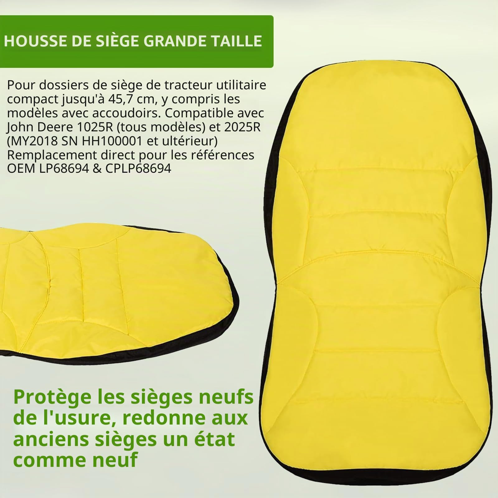 Housse de siège pour Tondeuse autoportée, Tissu Oxford 300D, Housse de siège LP68694 Compatible John Deere Tracteur & Gator 1025R 2025R, sièges résistants aux intempéries Jusqu’à 45 × 12 cm
