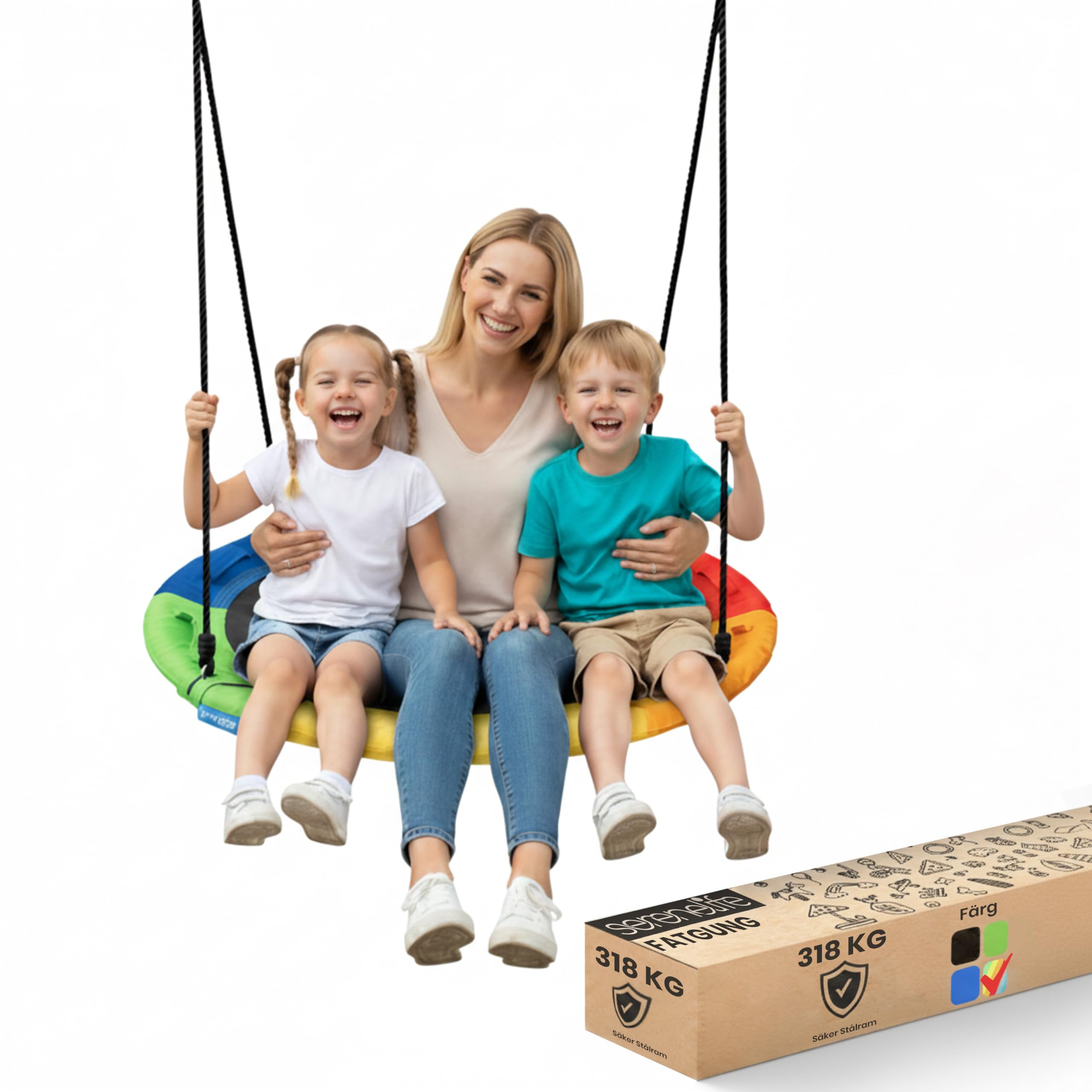 SereneLife 40" Saucer Swing - Outdoor Swing Set with Universal Hanging Kit, Swinging Seat Spinner with Pillow & Carry Bag, Weatherproof, Water-Resistant, Supports Up to 700 lbs, Rainbow