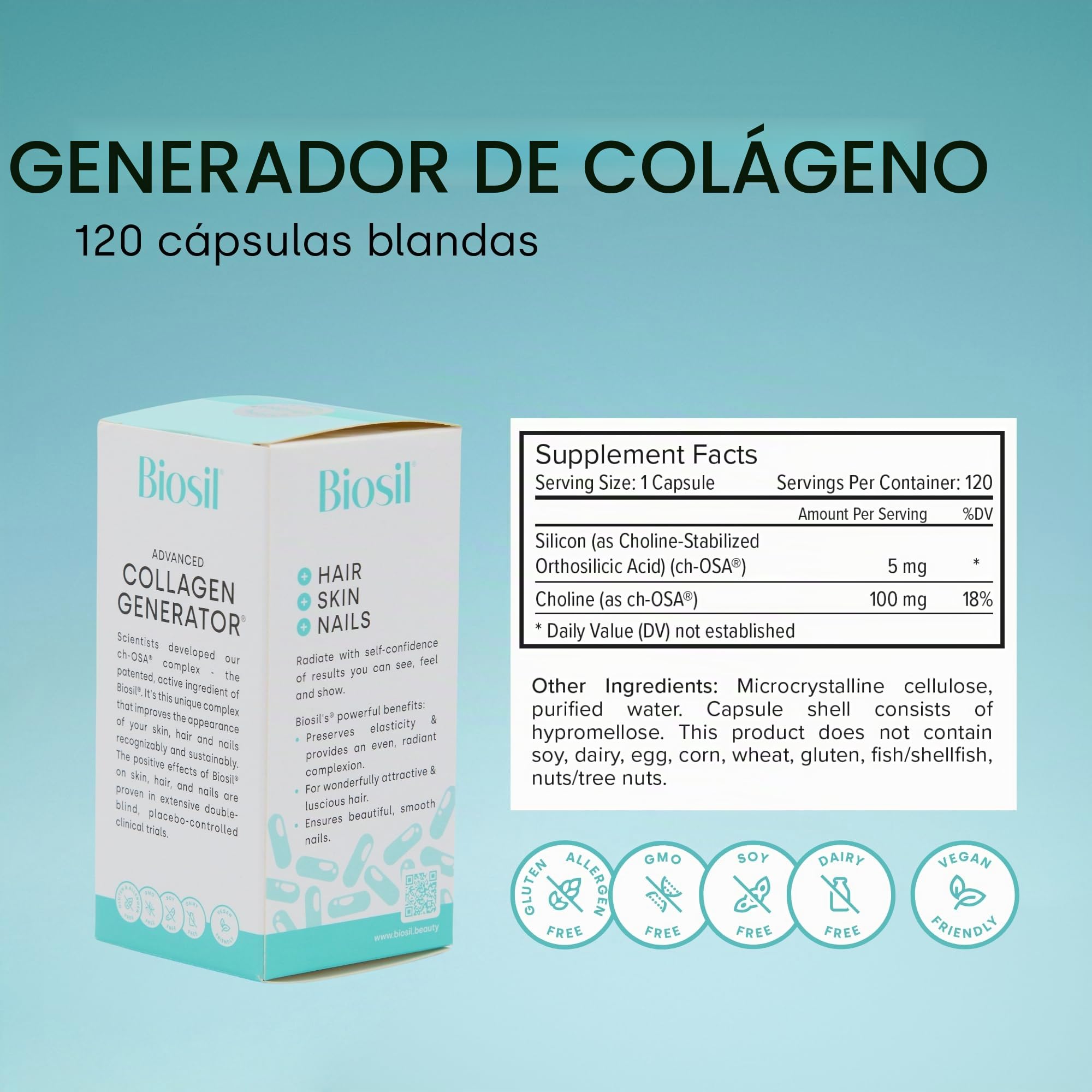 Biosil Collagen Generator - 120 cápsulas blandas - Con el complejo patentado ch-OSA - Genera y protege tu propio colágeno - Libre de OGM - Suministro para 60 días