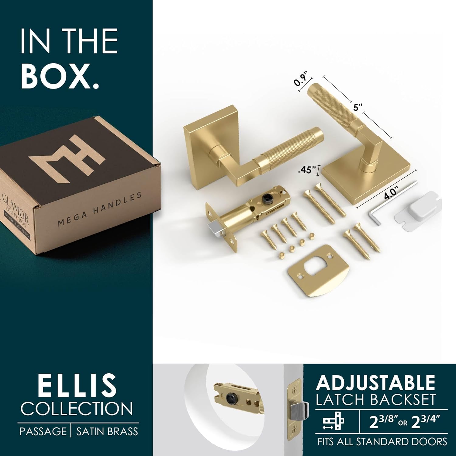 Mega Handles Ellis Passage Door Handle - 1 Pack Reversible Gold Door Handle, Heavy Duty No Lock Door Handles Interior for Closet & Hallway, Fits All Standard Door Sizes - Satin Brass