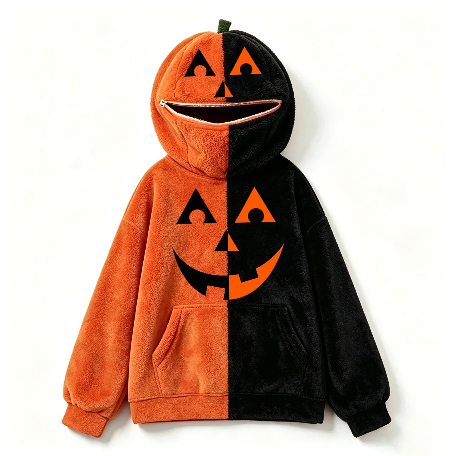 Felpa con cappuccio da ragazza a colori sfocata | Felpe con cappuccio morbide e calde a due tonalità con faccia di zucca per feste di Halloween autunno inverno scuola vacanze