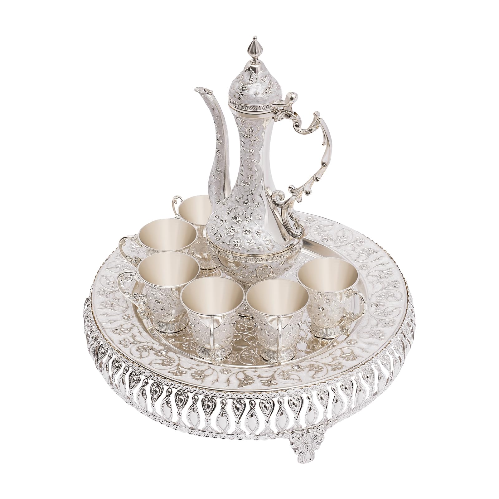 Juego de cafetera turca y samovar ruso de té, metal vintage, con 6 tazas de café de lujo y bandeja de decoración de mesa de té (plata y blanco)