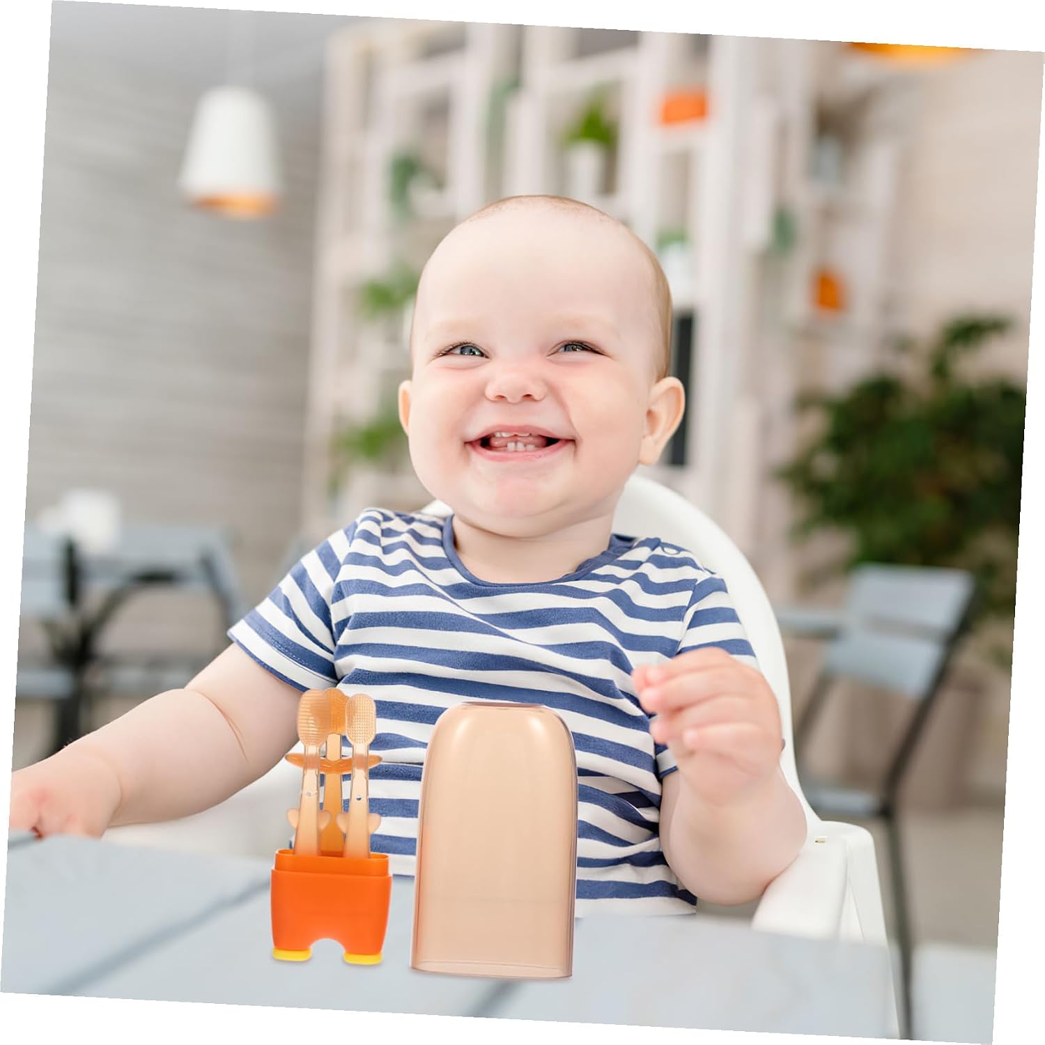 Silicone Toothbrush 3pcs with Tongue Cleaner Oral Cleaning Brush for Infants Newborns Dental Care in Soft Orange