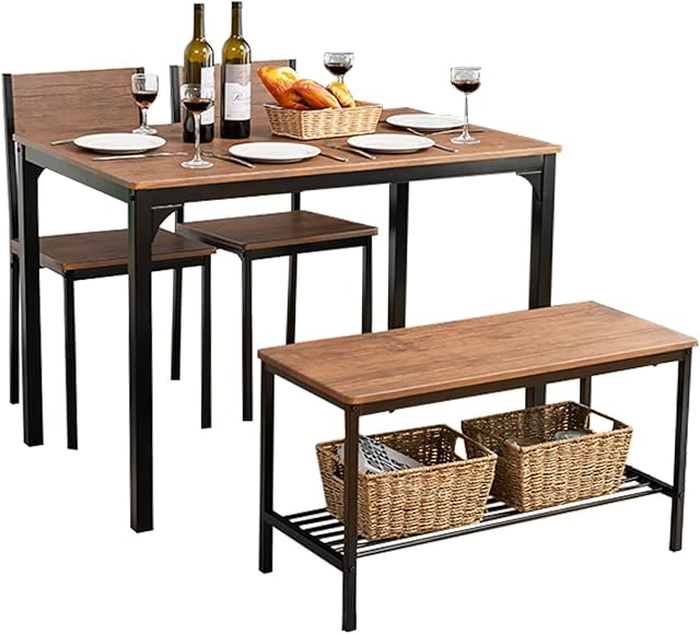 TANGZON 4-Piece Dining Room Set, Kitchen Table and Chairs Set with Bench, Steel Frame Wooden Dining Furniture Set for Dining Living Room Restaurant (Brown)
