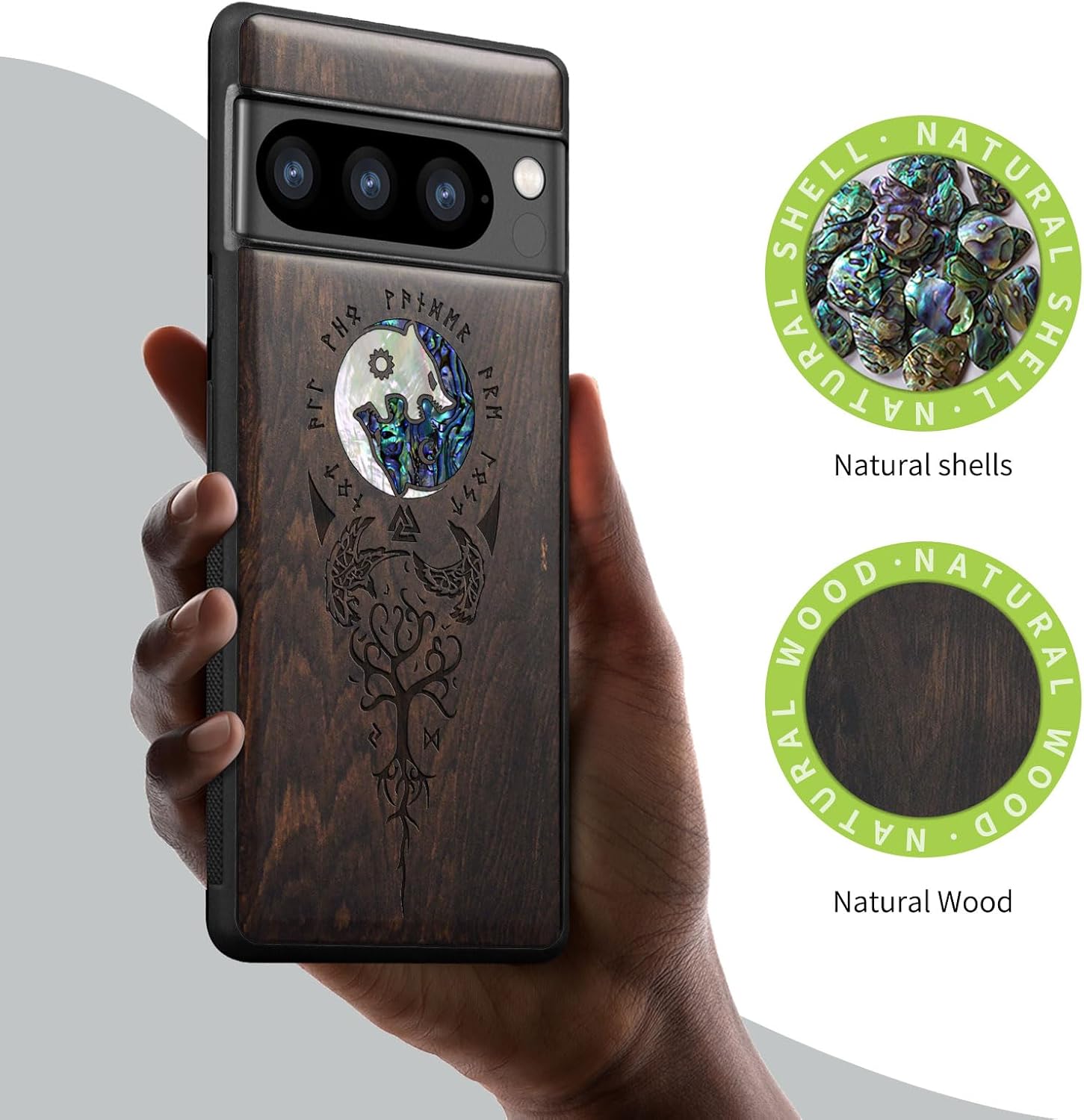 Carveit Designer Wooden Case for Google Pixel 8 Pro Case Cover [Wood Engraving & Shell Inlay] Compatible with Wireless Chargers Pixel 8 Pro (Yin Yang Wolf-Blackwood)