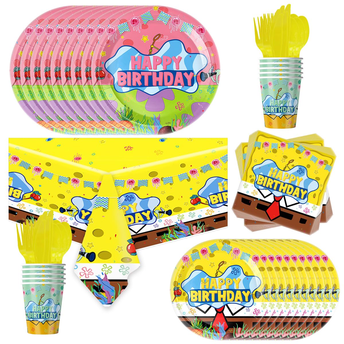 81pcs Yellow Sponge Cartoon Party Supplies Tableware Plates Napkins Cups Fork and Tablecloth，Yellow Sponge Theme Birthday Party Decoration