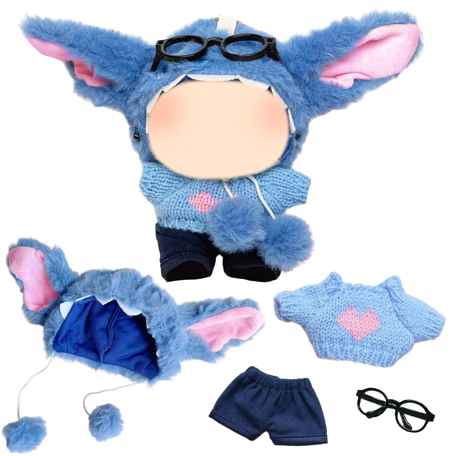 17cm Blue Plush Doll Clothes, 4 Pcs Cute Cartoon Plush Doll Outfit, 17cm Blue Puppy Clothing, Pink Ear Head Cover + Sweater with Pink Heart Print + Shorts + Black Glasses, Ideal Children's Gift