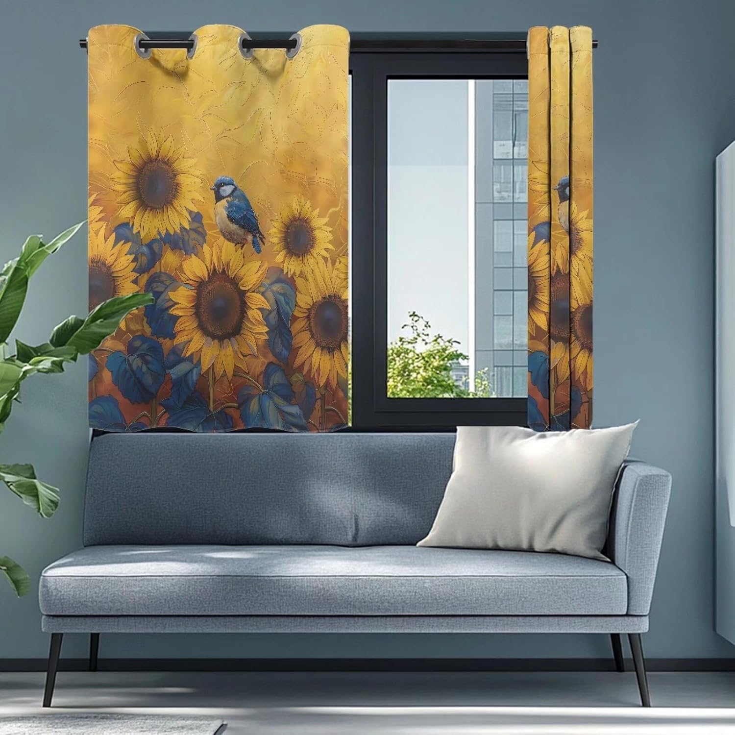 Thermal Insulated Grommet Blackout Curtains, Sunflower Bird Darkening Drapes for Bedroom Window, 2 Panels Short Curtains Half Window Curtains, Noise Reducing Blocking Draperies