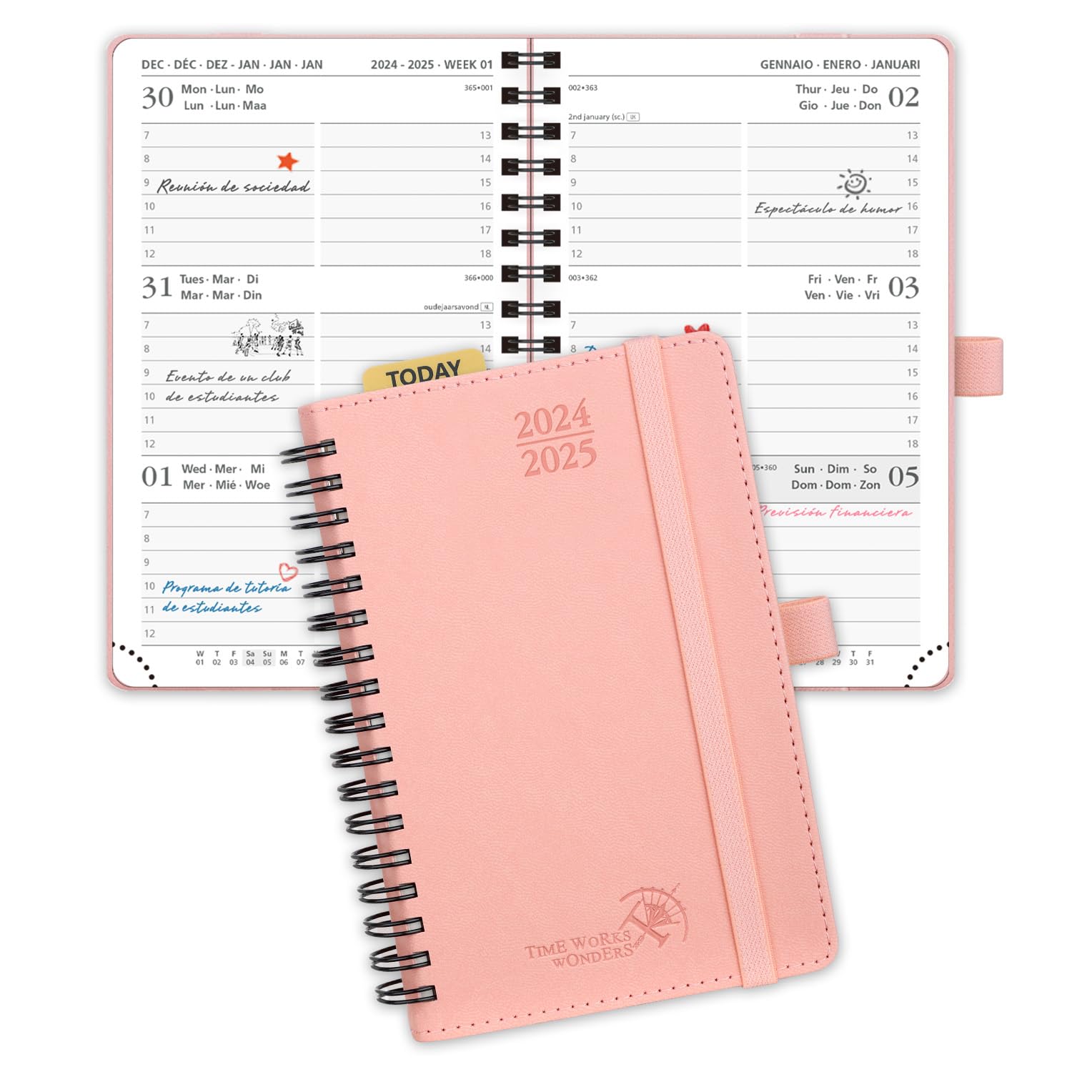POPRUN Agenda 2024 2025 Pequeña de Bolsillo 16 x 10,5 cm, Agenda Semanal Espiral 17 Meses de Ago.2024-Dic.2025, 1 Semana 2 Páginas, Con Ranura Para Tarjetas, 80 GSM Papel Certificado, Rosado