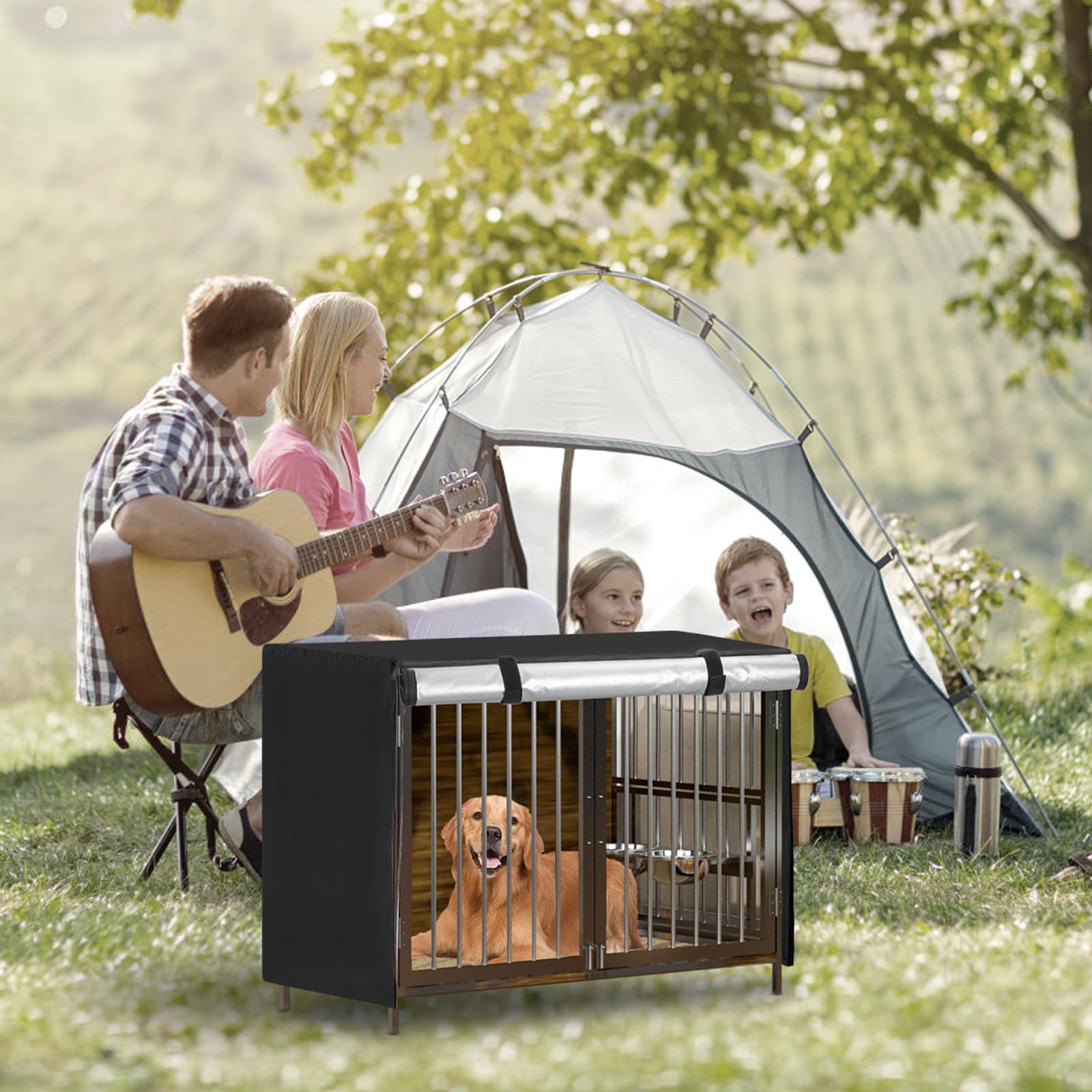 OUUTMEE Schwarz Hundebox-Abdeckung, wasserdichte Hundekäfig-Abdeckung für 60–125 cm große Hundezwinger, wasserdicht/Sonnenschutz/Lichtblockierend mit Tür und belüftetem Fenster