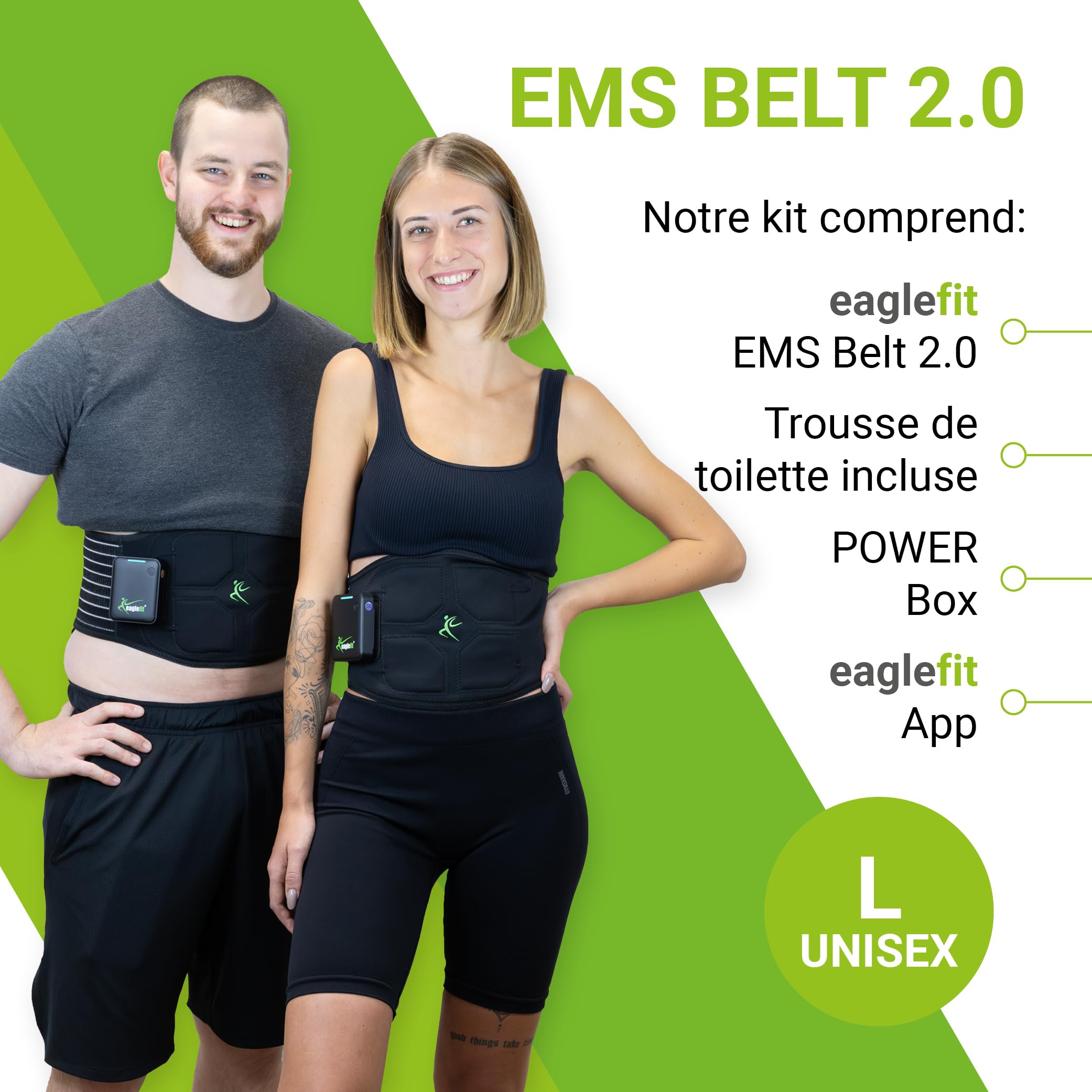 eaglefit Premium EMS-Belt 2.0 Ceinture abdominale avec 6 électrodes – Ceinture de musculation et stimulation musculaire pour ventre et dos – entraîneur abdominal fitness – avec application et Powerbox