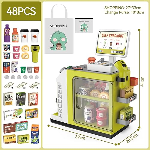 Miniatura 3 de Juego de caja registradora para niños – 48 piezas de dinero de simulación, calculadora, escáner, tarjeta de crédito y comida de juego para niños