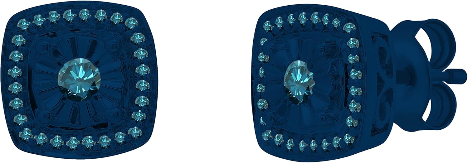 Dazzlingrock Collection Round Blue Diamond Illusion Set Filigree Groove Sides Cushion Stud Earrings for Wome (0.25 ctw, Color Blue, Clarity I2-I3) n in Blue Plated 925 Sterling Silver in Push Back