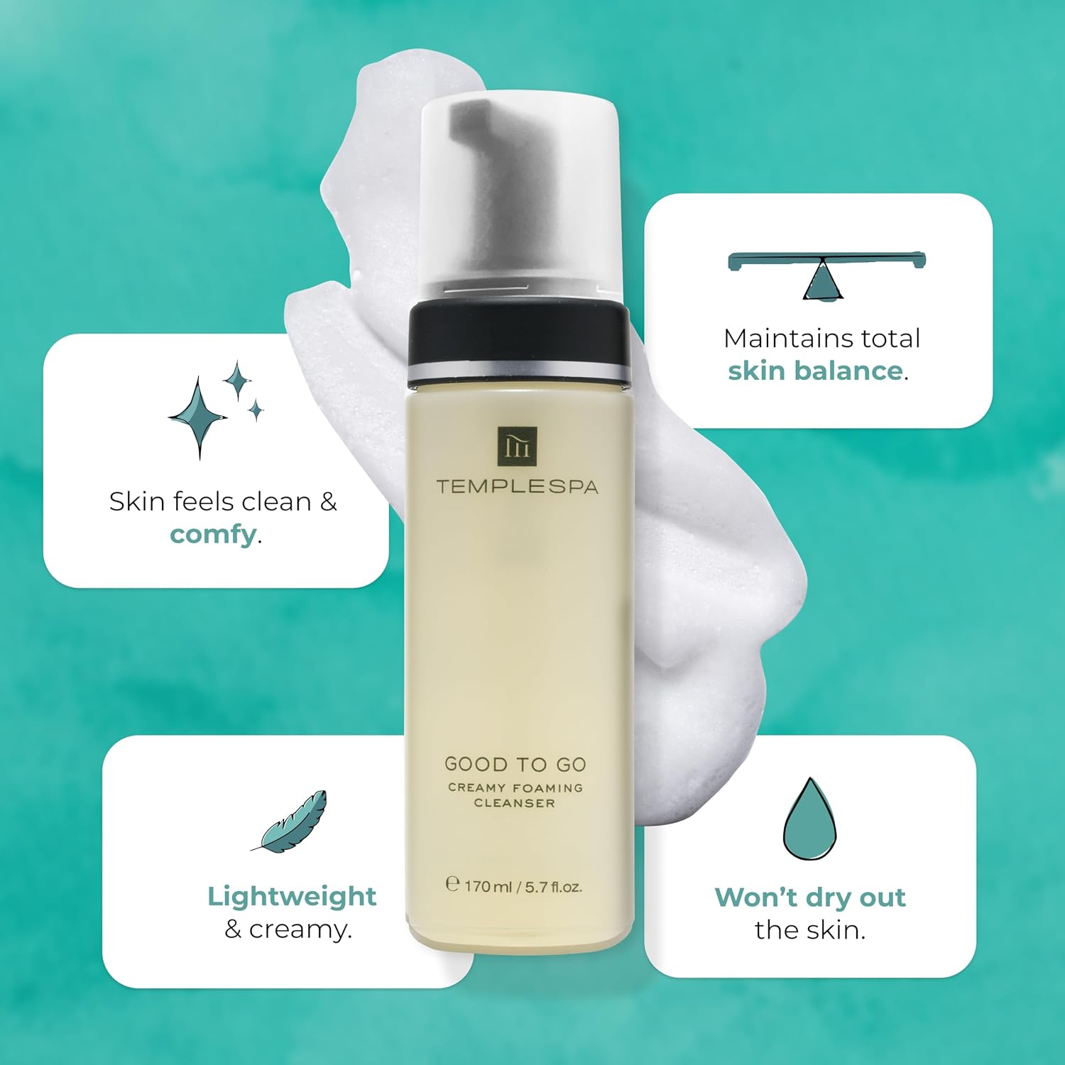 TEMPLESPA | GOOD TO GO | Creamy Foaming Face Cleanser for Normal Skin, Lightweight Nutritious Formula to Maintain Skin Balance & Clean, Natural Ingredients, Cruelty-Free, Vegetarian, 5.7 fl.oz.