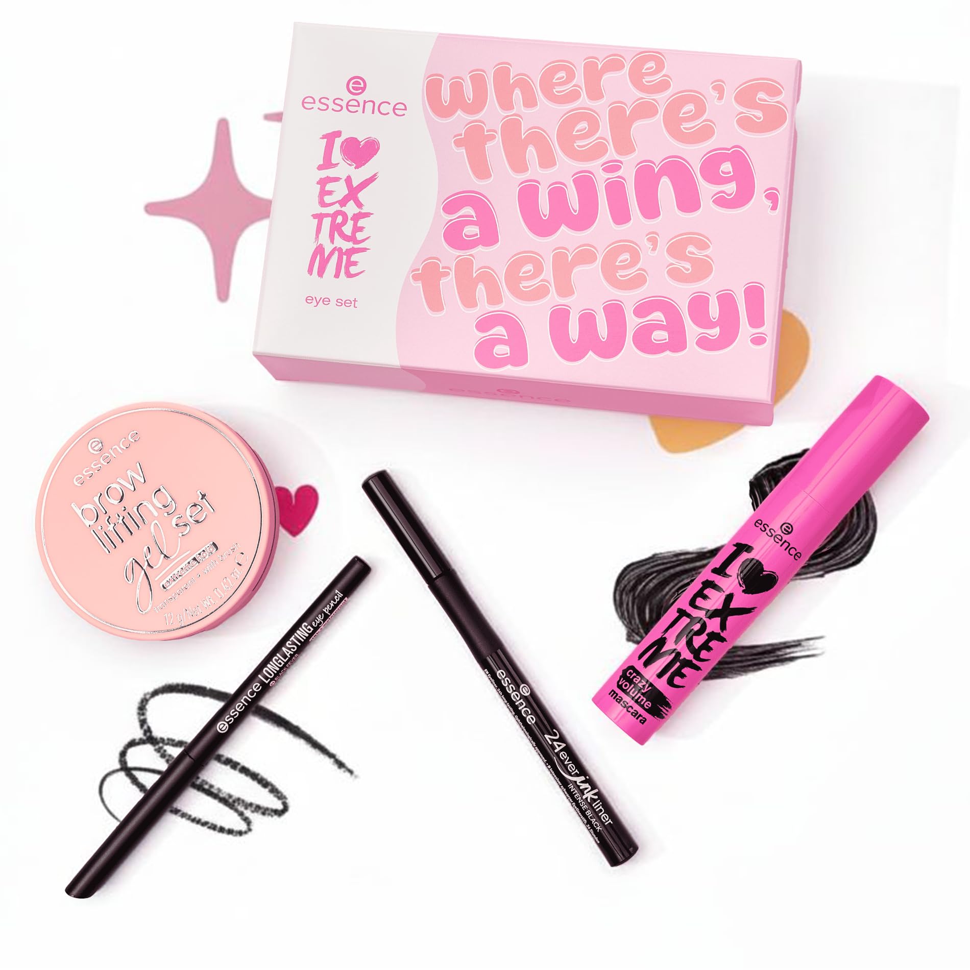 essence I Love Extreme eye set 01 Wing It!, 4-teiliges Augen-Make-up-Set mit u.a. Mascara & Augenbrauengel, für Volumen, Definition & gestylte Brauen