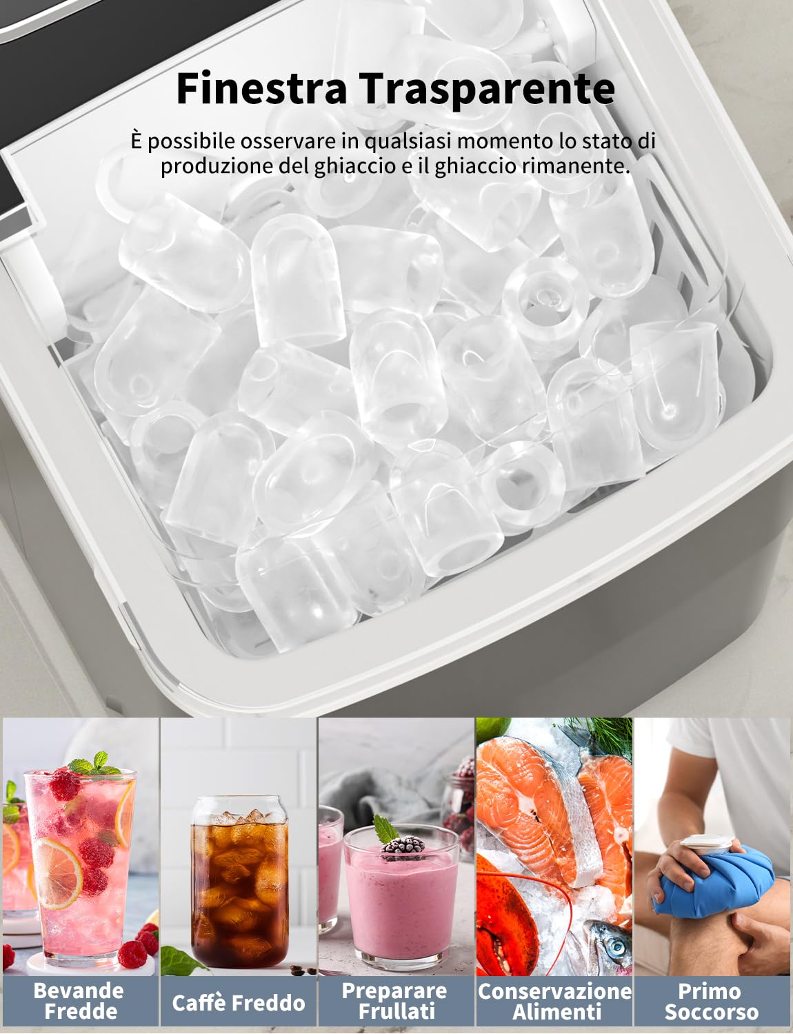 Macchina Ghiaccio 12KG/24h, 2.2L Macchina del Ghiaccio Casa Professionale, S/L Dimensioni, Pronto in 6-9 Minuti, Silenzioso, Ice Maker per Casa/Bar, Nero
