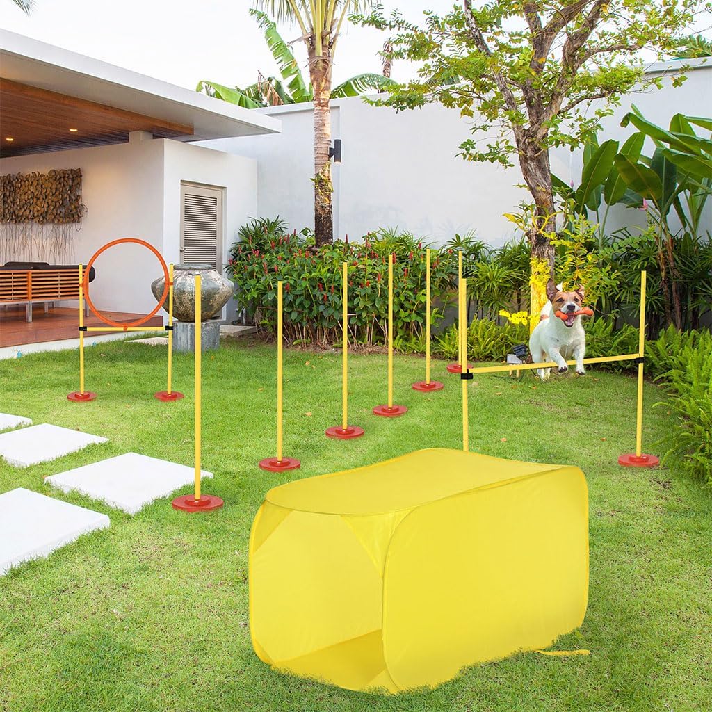4 Piece Dog Training Equipment, Dog Course Equipment with Adjustable Height Jump Bars Portable Dog Training Equipment with Included Carry Bag and Tunnel for Dog Agility Course(Yellow)