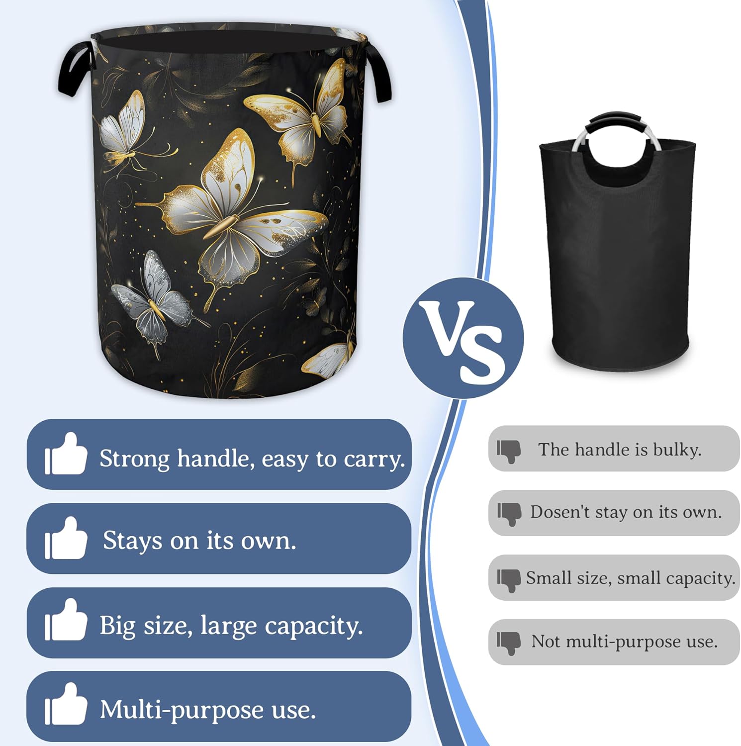 Golden Butterfly Laundry Basket,Foldable Oxford Cloth Glittering Laundry Hamper with Handles, 20.8"x16" Tote Bag Clothes Storage Bucket for Laundry Room/Bathroom/Bedroom/Dormitories