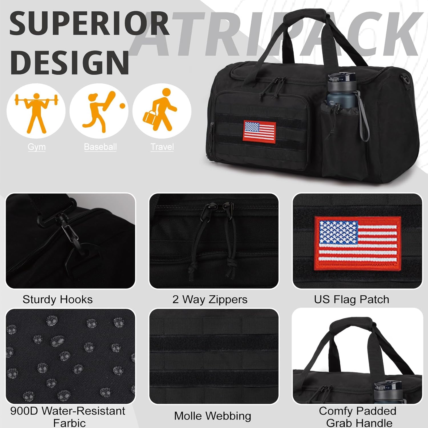 Tactical Gym Bag for Men, 40L Large Capacity Duffle Bags with Shoes Compartment, Sports Bag with wet compartment, Multi-functional Weekend Bags Suitable for Travel, Camping,hiking - Image 6