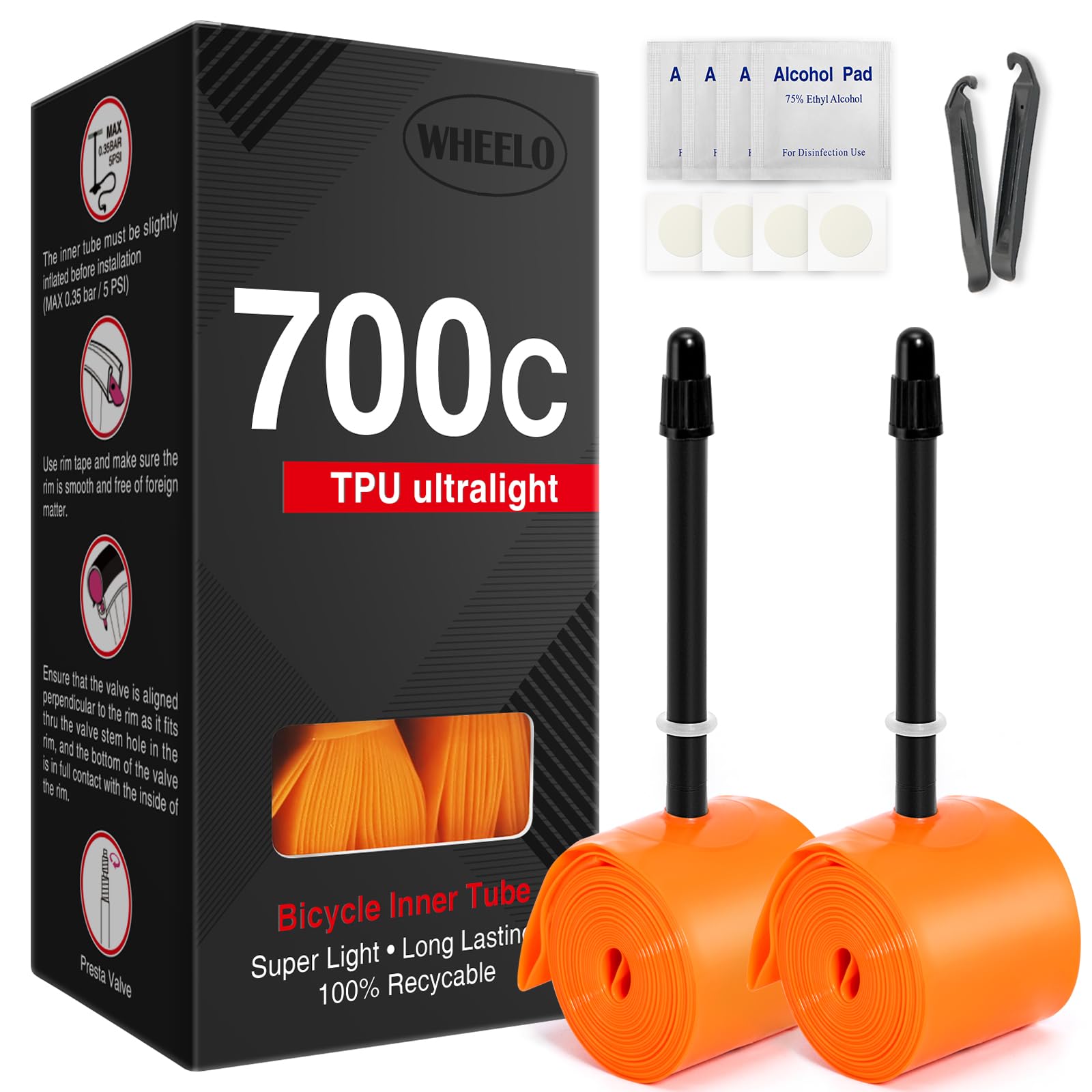 TPU 700C×18-32C Bike Inner Tube: Lightweight Road Bicycle Tube with 45mm/65mm/85mm Presta Valves (Include 4PCS Bike Tube Patch Repair Kit)