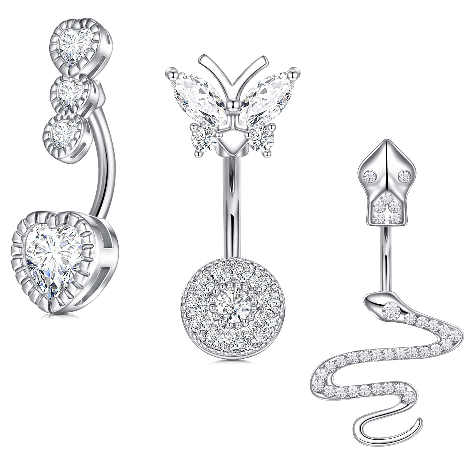 Crdifu 3 uds Barra de Ombligo 10mm Plata 14G Anillos de botón de Ombligo joyería Piercing de Acero quirúrgico con corazón Serpiente Mariposa