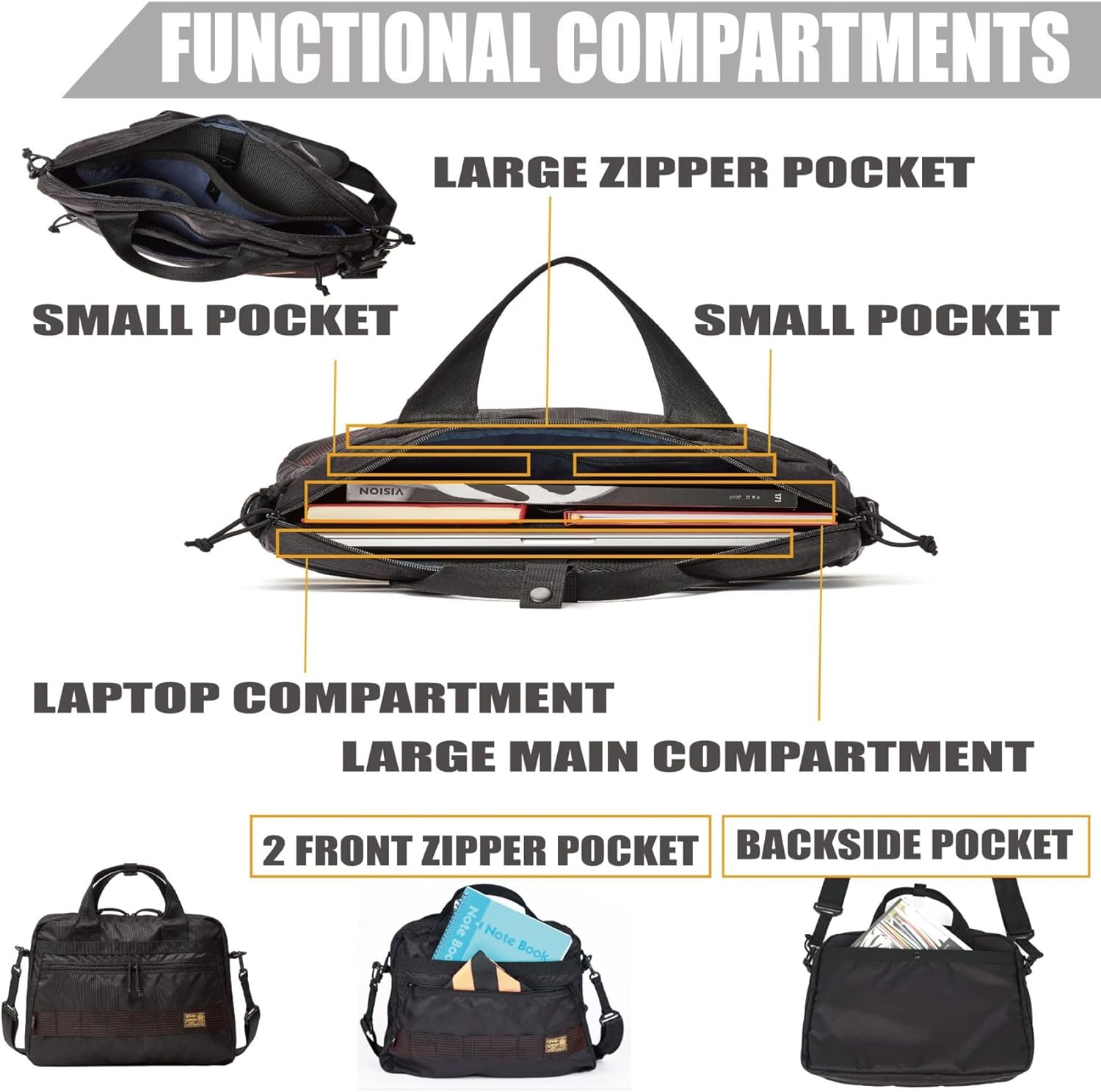 Rough Enough 16 Inch Laptop Sleeve Case Bag Tablet Carrying Case Briefcase for Travel Business with Accessory Pocket Shoulder Handle Cordura Black