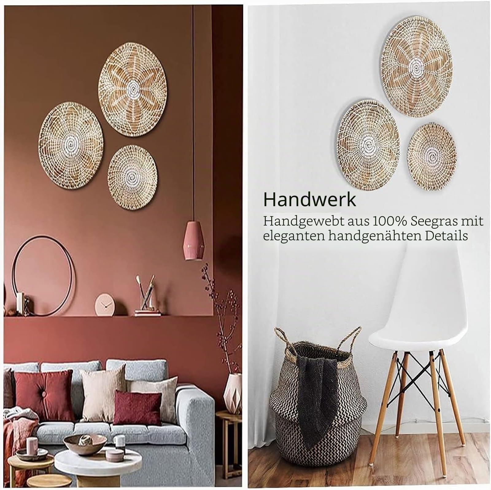 Hängende Gewebte Wandkorb-Dekoration, Set Mit 3 Runden Seegras-hängenden Natürlichen Gewebten Flachen Körben, Handgefertigte Runde Boho-Wandkorb-Dekoration For Wohnzimmer Schlafzimmer