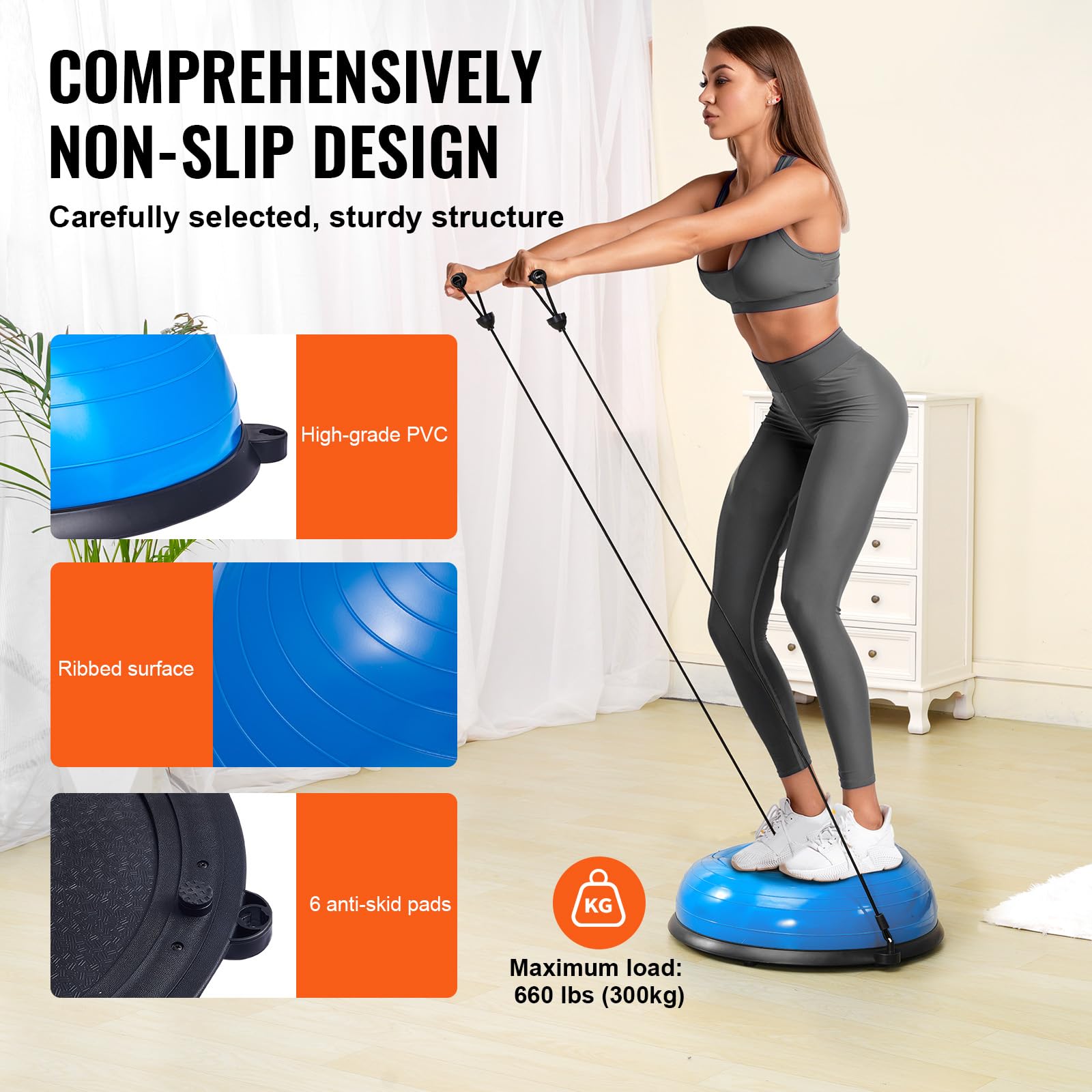 VEVOR Entrenador de Pelota de Medio Ejercicio, 620 x 215 mm, 300 kg, con Bandas de Resistencia y Bomba de Pie