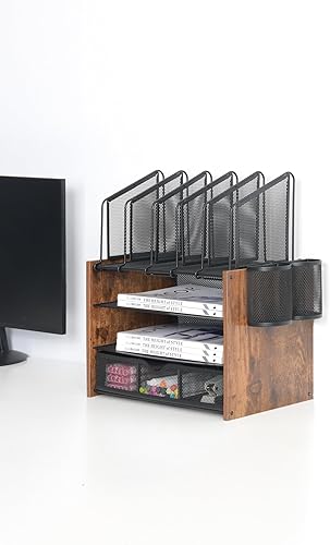Miniatura 4 de Organizador de escritorio de malla de 4 niveles con soportes de archivos de madera, 5 ranuras verticales, 2 compartimentos para bolígrafos y un