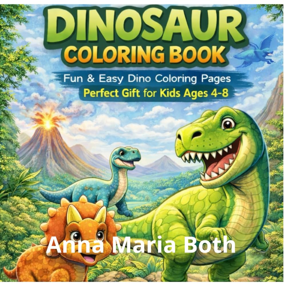 Dinosaur Coloring Book for Kids Ages 4-8: 80 fun & Easy Dino Coloring Pages -Cute Dinosaurs -Thick Bold -Single -Sided Pages