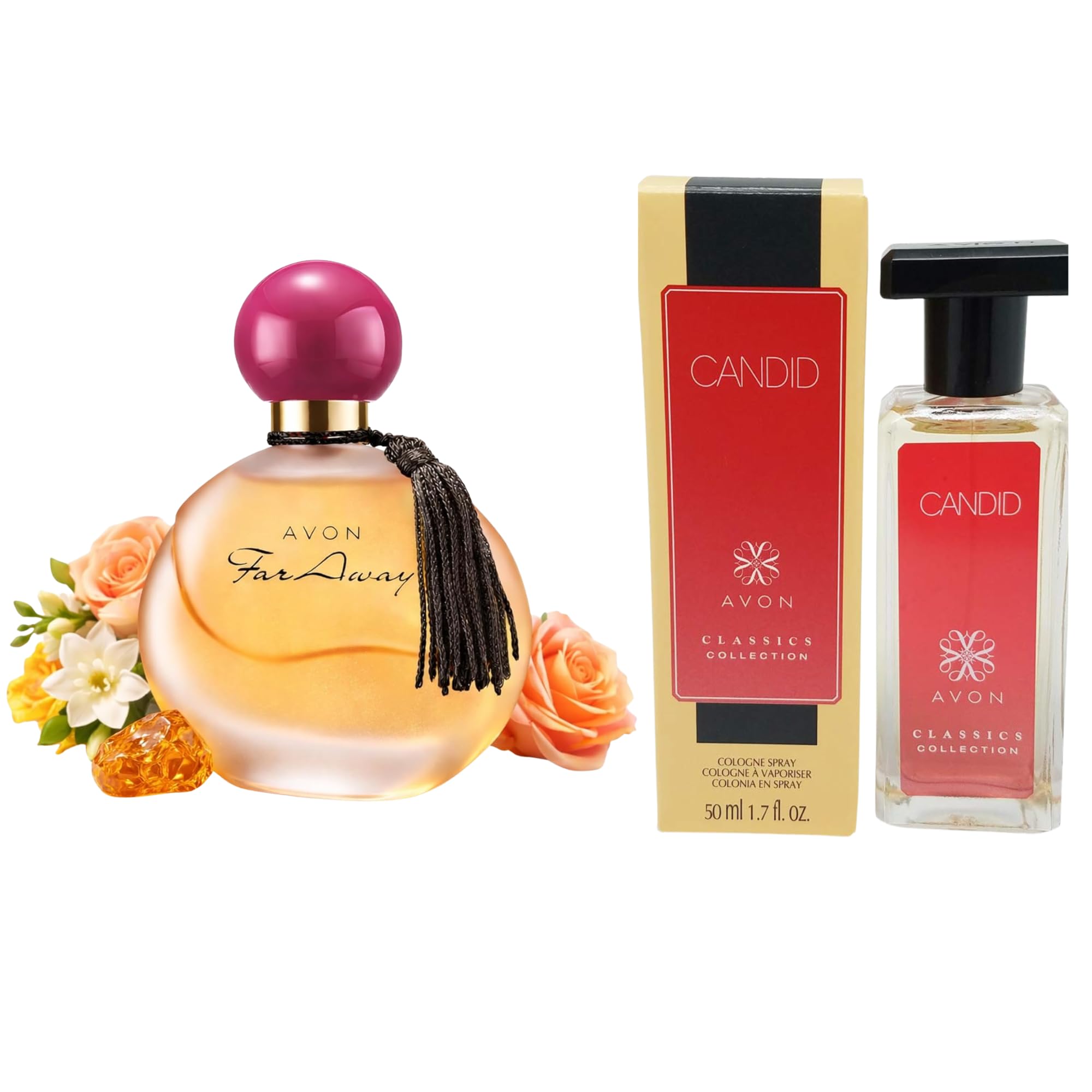 AVON Far Away Eau de Parfum & Candid Cologne Bundle – Women's Amber Floral Perfume & Men's Bergamot Patchouli Cologne, Travel Size Fragrance Set for Couples, 1.