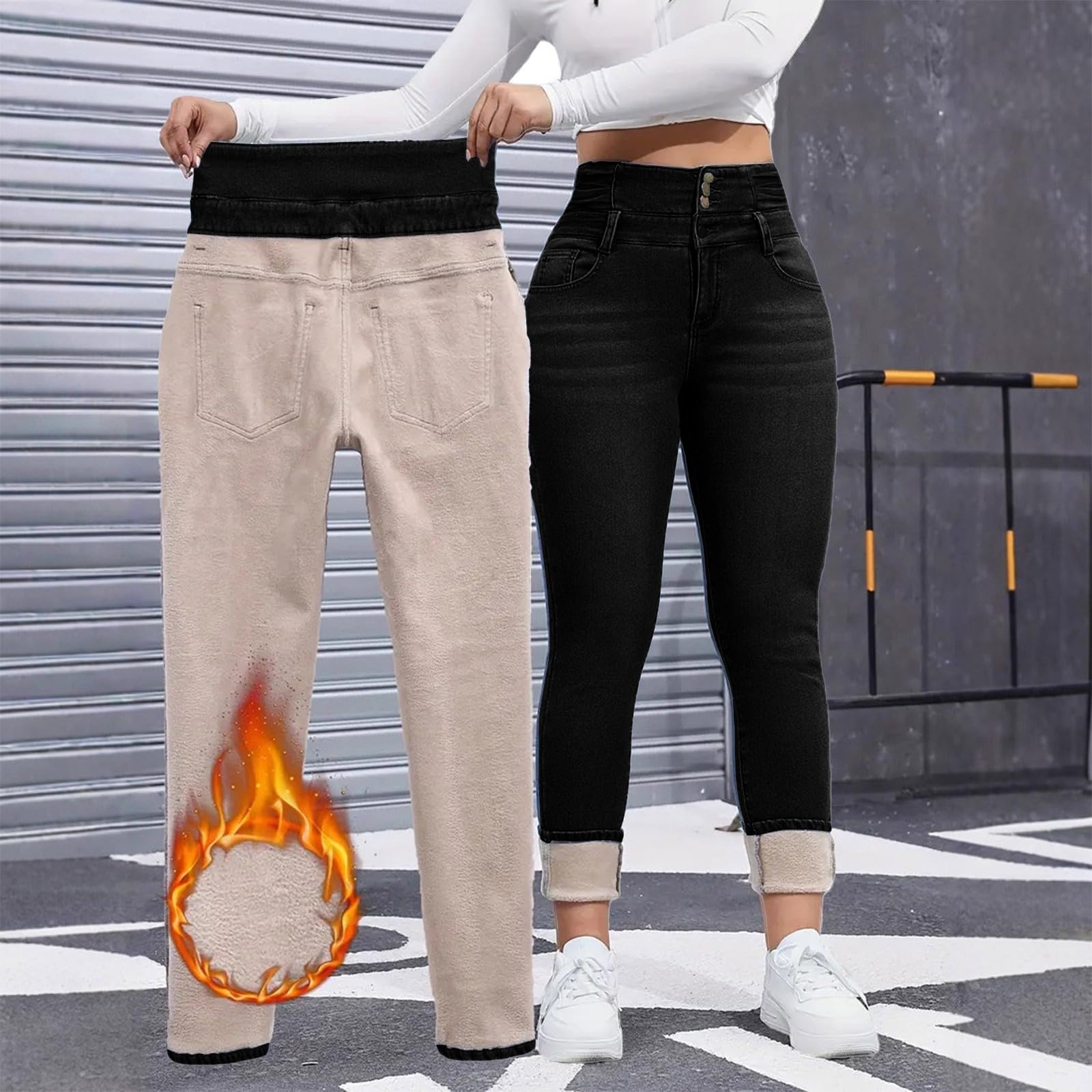 Jean Stretch Femme Taille Haute Pantalon Doublé Polaire Chaud