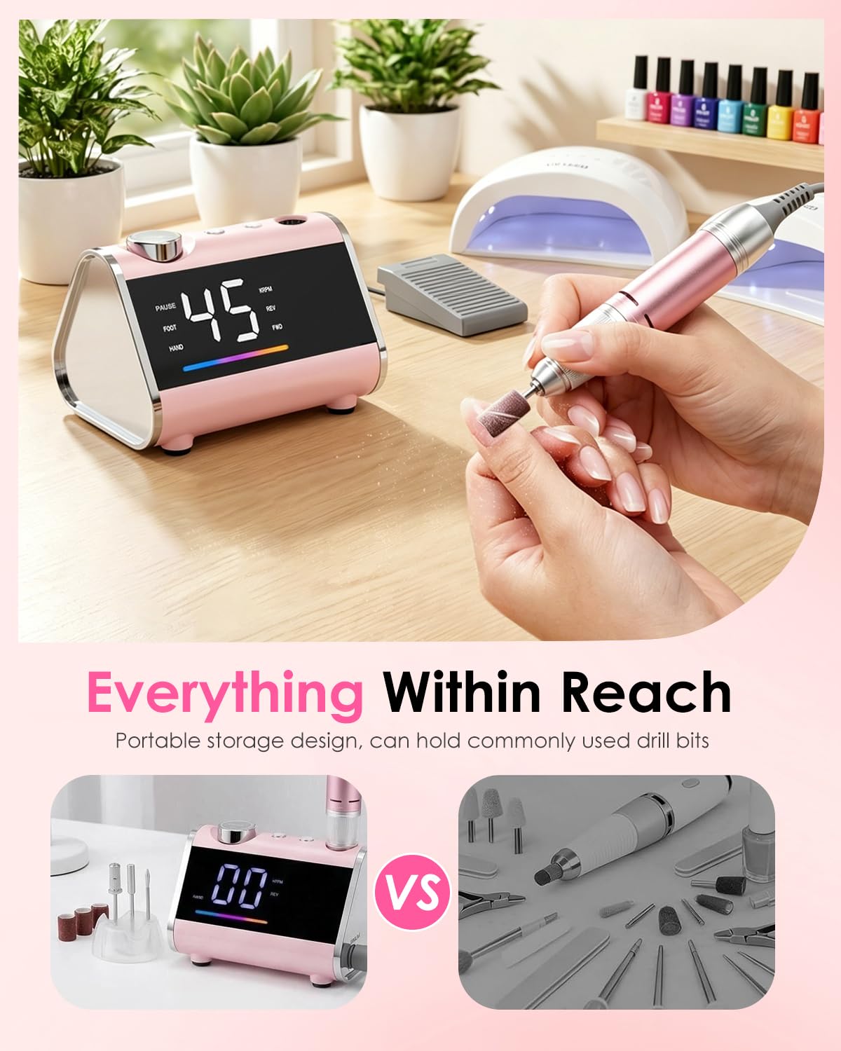 CozyZen Taladro de Uñas Eléctrico Profesional | 45000 RPM, Lijadora con Pantalla LCD, Control Manual y de Pie, Bajo Ruido para Uñas Acrílico/Gel, Manicura y Pedicura