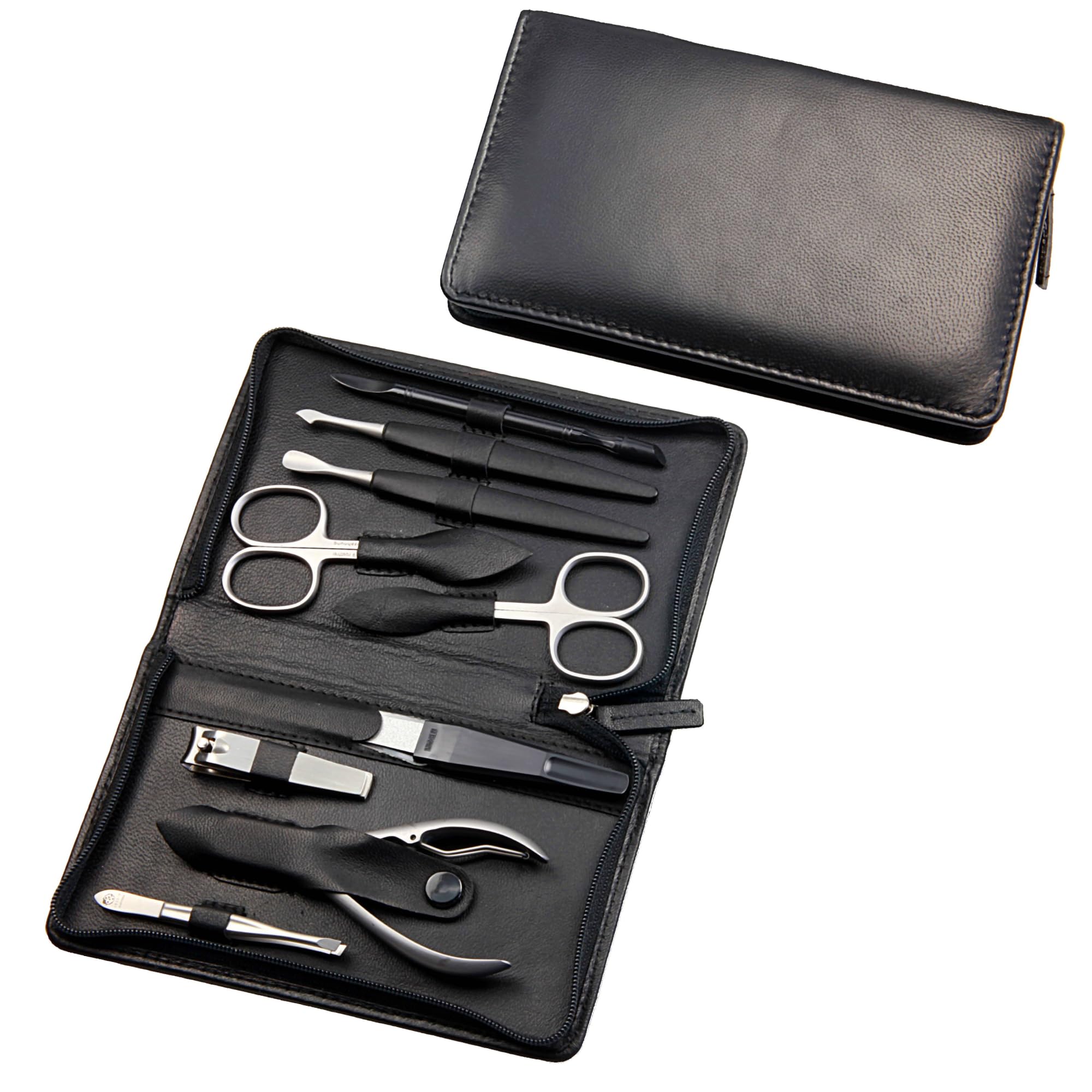 Hans Kniebes Maniküre Set 9-teilig Schwarz – Profi Nagelpflege & Pediküre Set aus Edelstahl – Nappa Leder Etui mit Reißverschluss – Nagelschere, Zangen & Knipser – Premium Manikürbesteck