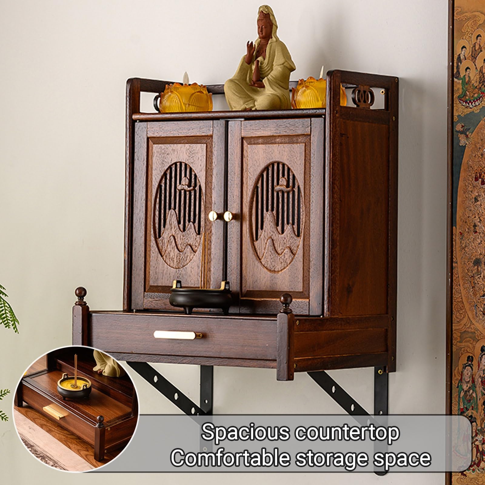 Genérico Nuevo Santuario Budista Chino de Madera Maciza para Montaje en Pared, Soporte para Estatua de Buda de Escritorio/Pared con Puerta, Mesa de Altar para Estatua de Buda (de Escritorio