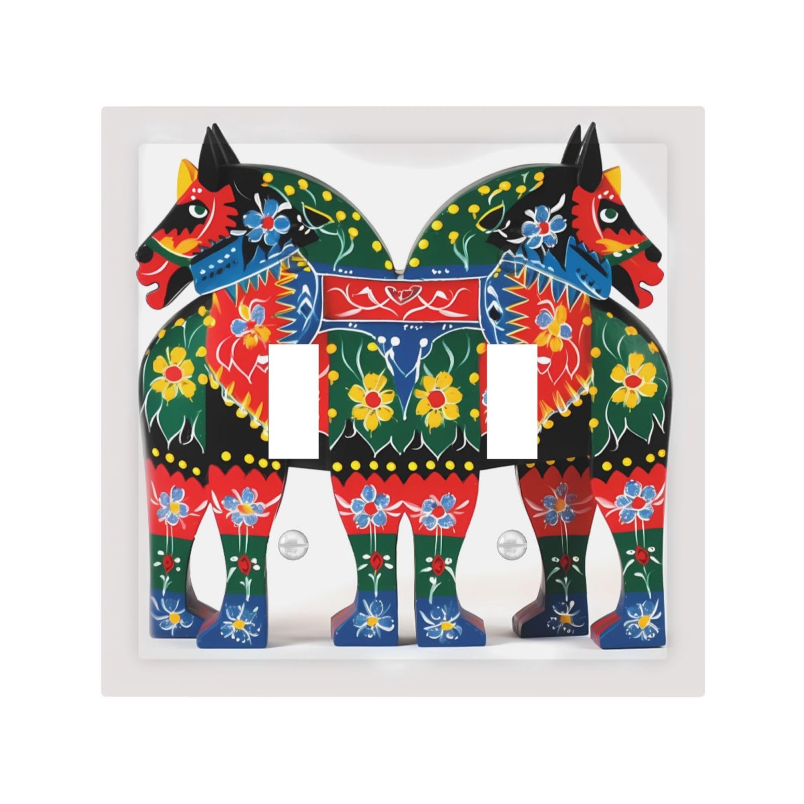 Kloph White Decorator Double Toggle Light Switch Covers Runner Swedish Dala Horse Folk Wall Plate 2-Gang Mid Size 5" X 4.9" Double Toggle Switch Wallplate Decorative 2 Gang Wall Switch Plate Covers