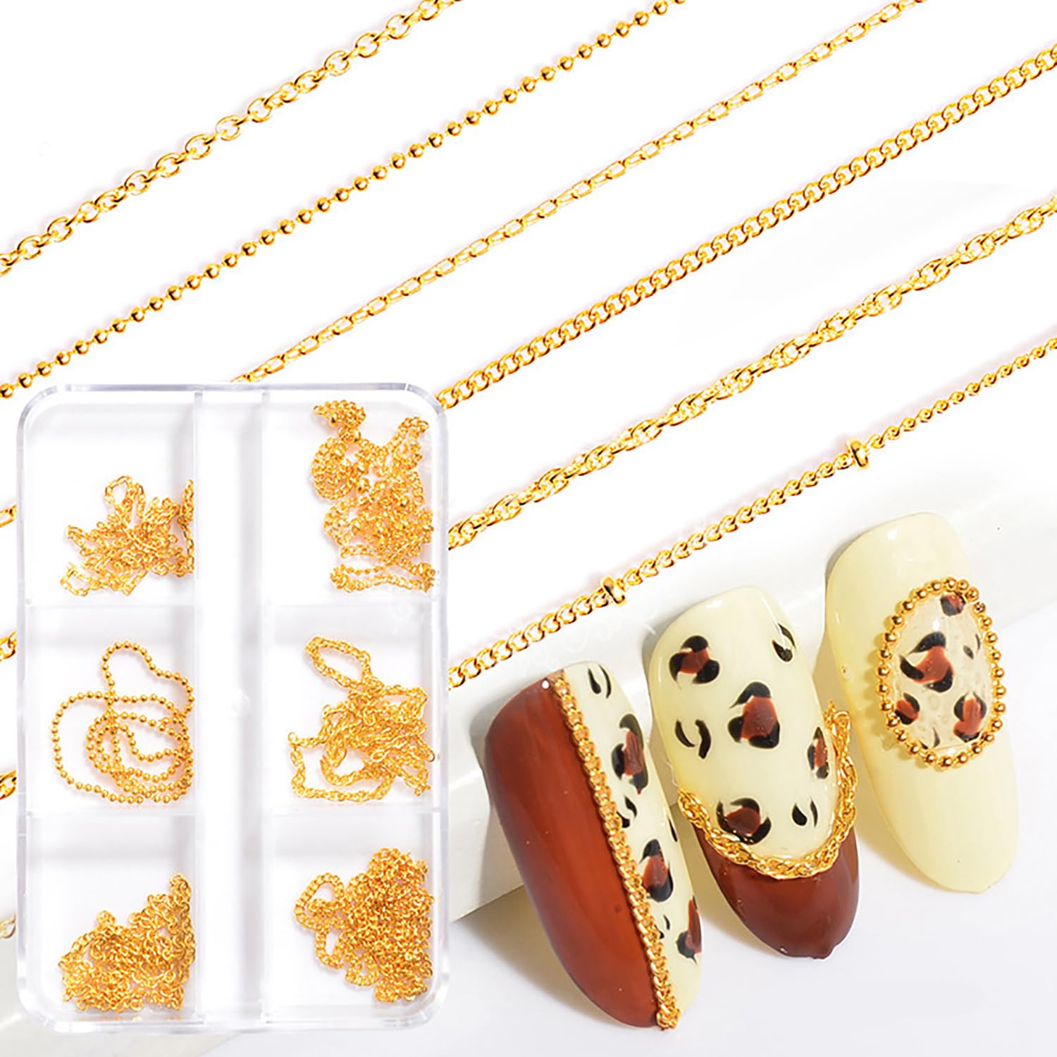 WOKOTO 6 Gold Nail Chains For Nail Art Metallic 3d Chains Fingernails Charms Glitter Bling Design Chain For Nails Gold Chain Nail Charms Nail Art