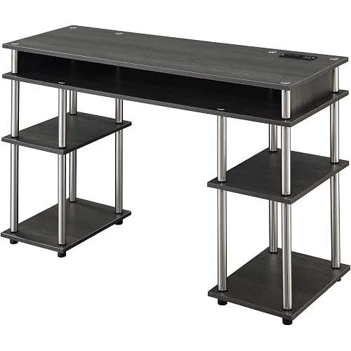Convenience Concepts Designs2Go No Tools Student Desk with Charging Station and Shelves, Charcoal Gray