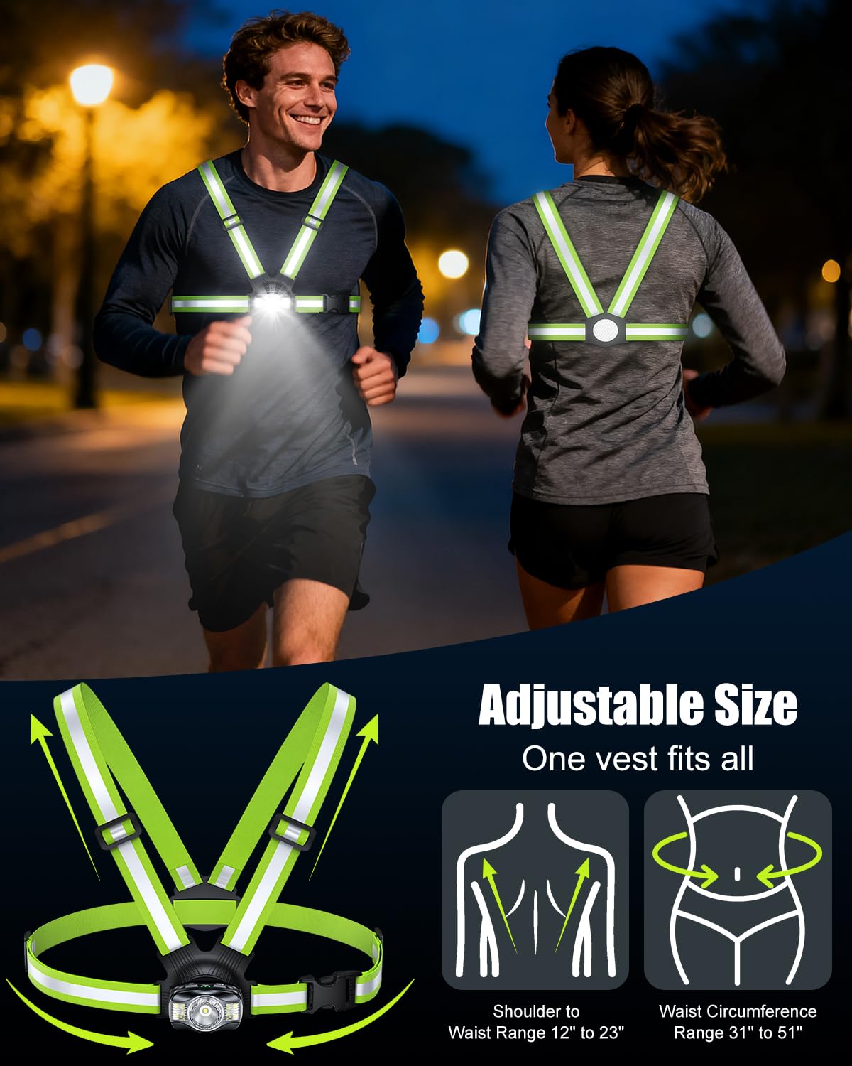 Feux de course pour coureurs, 500 lumens, faisceau réglable à 45°, 6 modes et étanchéité IPX4, gilet réfléchissant rechargeable 1800 mAh pour marche nocturne, cyclisme, jogging, randonnée