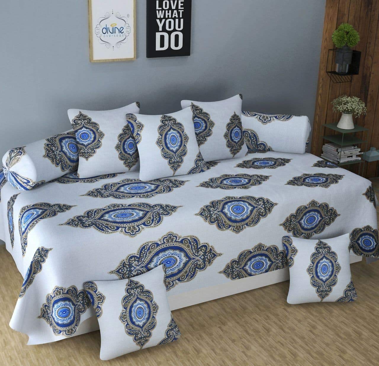 DIVINE OVERSEAS Diwan Set, Pack of 8 Pieces, 1 Single Bed Sheet 60 x 90 inches, 2 Bolster Covers 16 x 32 inches, 5 Cushion Covers 16 x 16 inches (White Abstract)-image-39