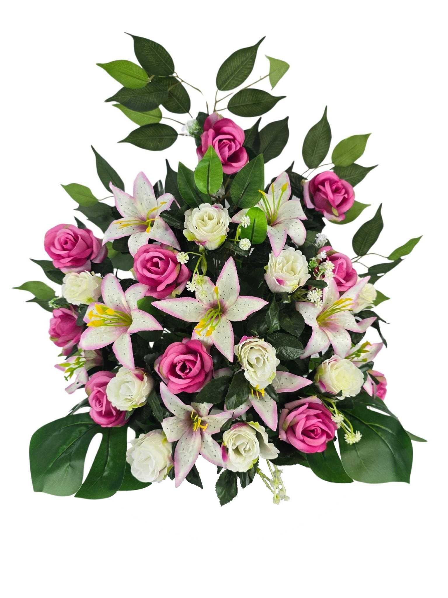 DRW Centro de Flores Artificiales Cementerio procesiones, Iglesias Bodas o sepulturas Morado y Blanco con capullos, liliums y Rosas 54x32x65