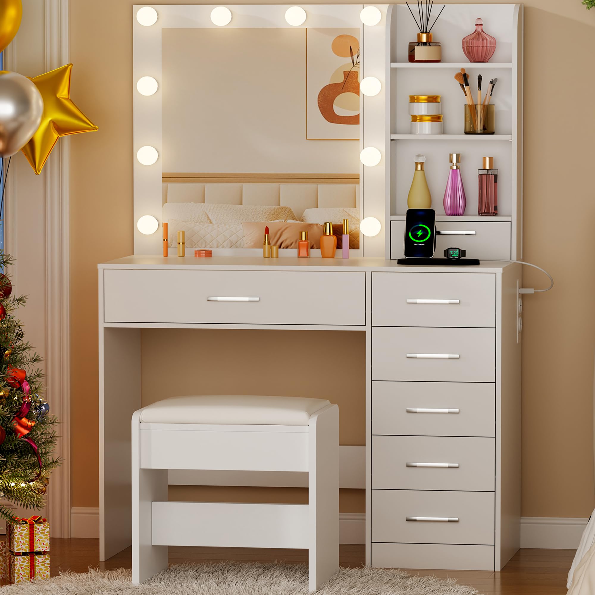 BEWISHOME Toeletta Trucco con Specchio e luci LED,luminosità Regolabile,Tavolo da Trucco con Presa,Sgabello,7 Cassetti e 3 Ripiani Aperti,Moderno Bianco Postazione Trucco per Camera da Letto EFST51W