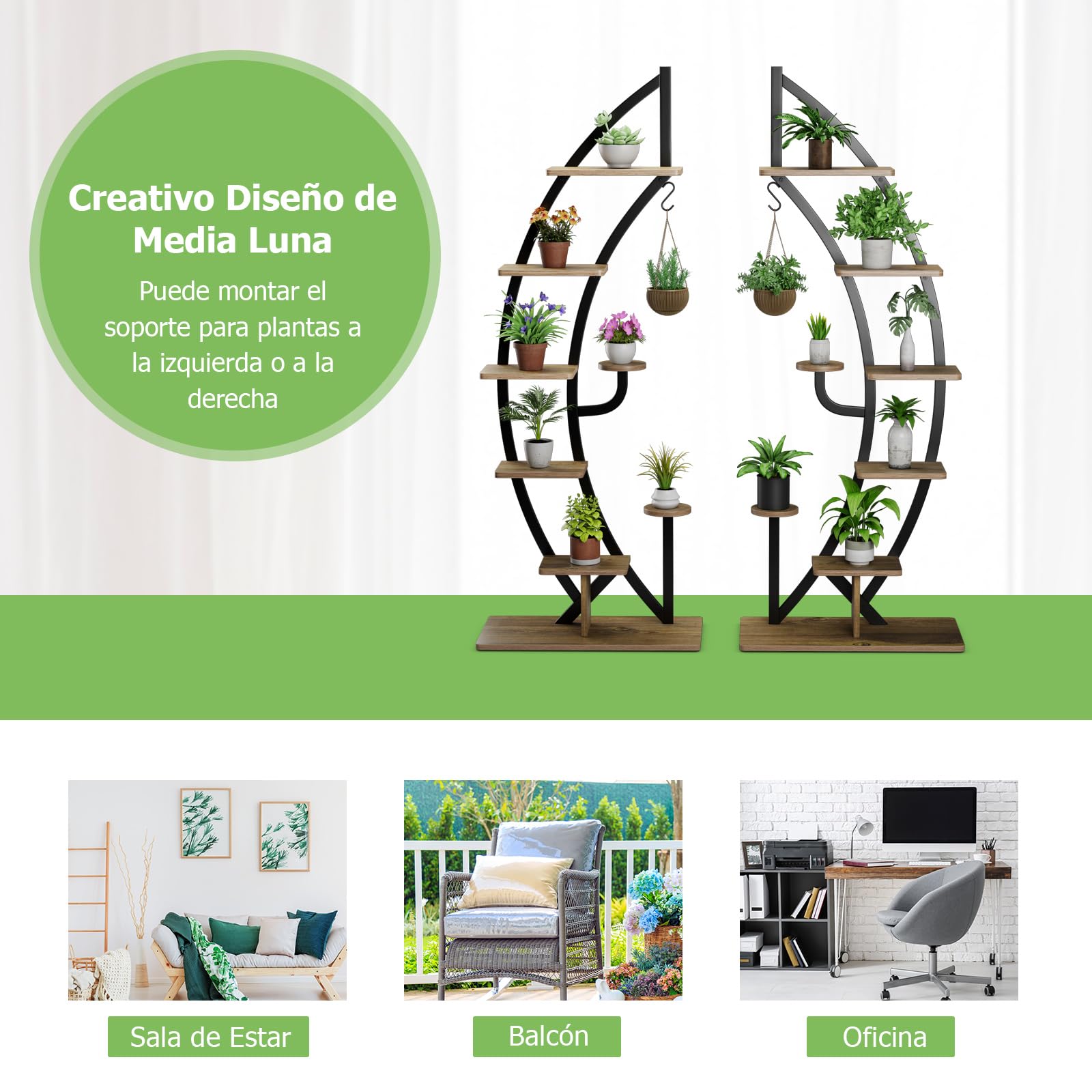 GOPLUS Soporte para Plantas de Metal de 7 Niveles, Estante de Exhibición con Forma de Media Luna, Gancho y Dispositivo Antivuelco, Estantería Curvada para Salón Dormitorio Balcón (Negro-2 Piezas)